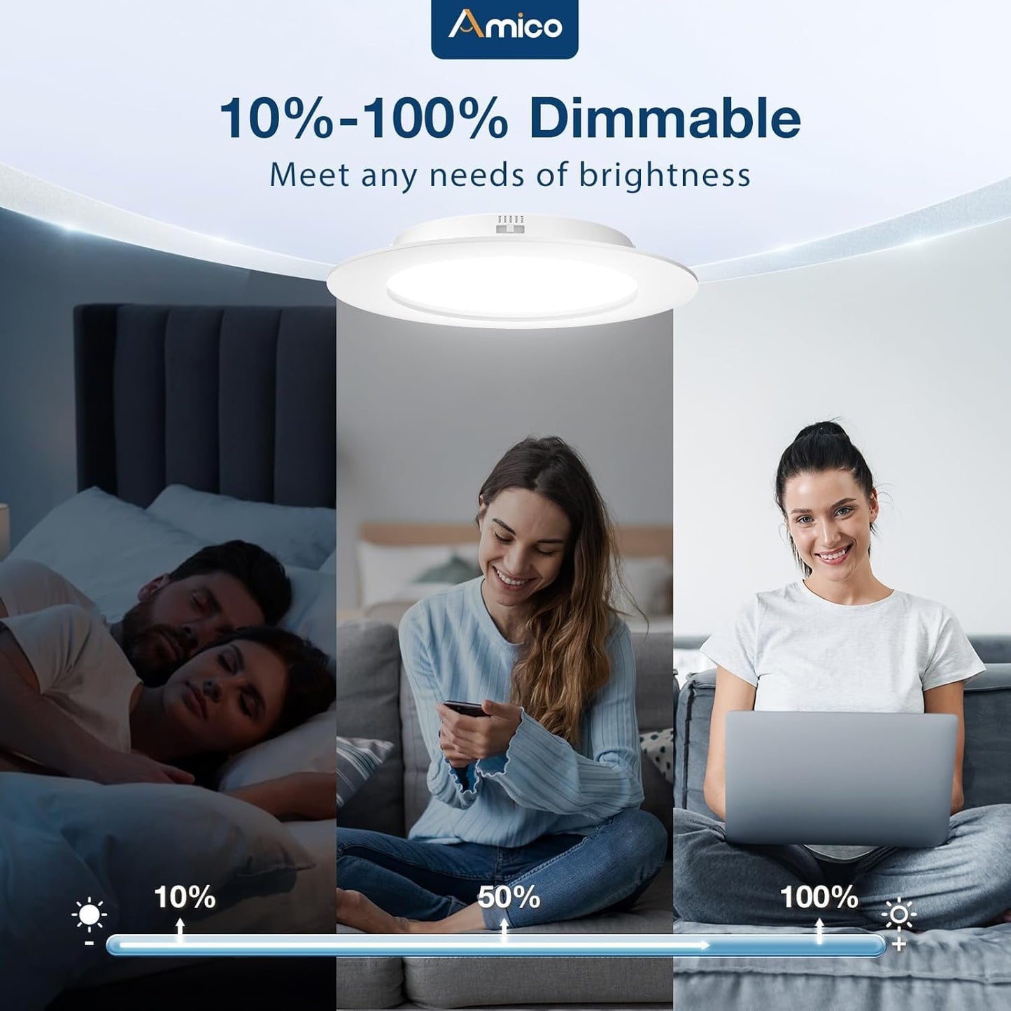 Amico 5/6 Inch 5Cct Led Recessed Lighting 6 Pack  Dimmable  Ic Rated  12.5W=100W  950Lm Can Lights With Baffle Trim  2700K/3000K/4000K/5000K/6000K Selectable  Retrofit Installation  Etl & Fcc