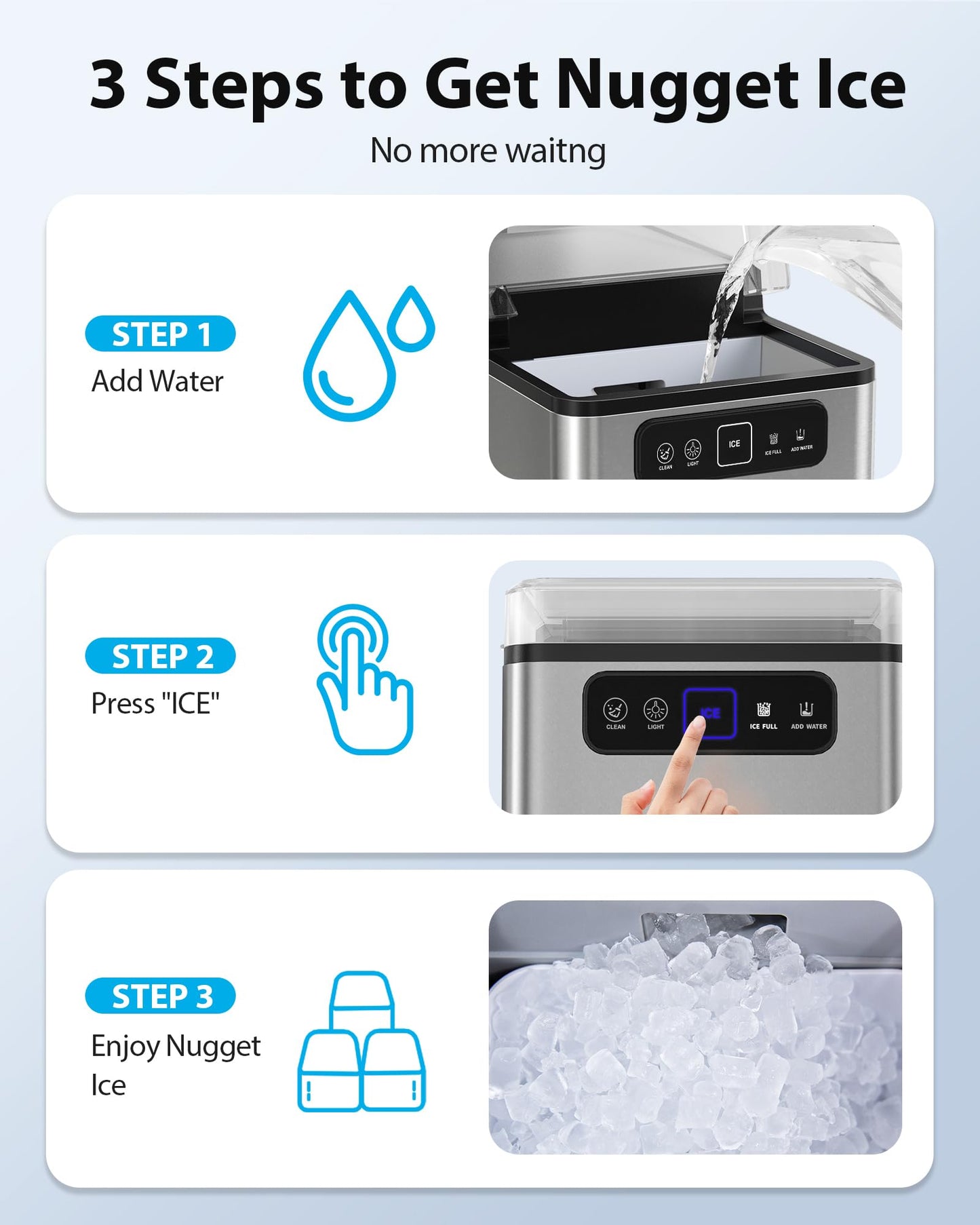 Aeitto Nugget Ice Maker 40Lbs/24H, Countertop Soft Chewable Ice Pebble Ice Machine, One-Click Operation, Auto Self-Cleaning Ice Makers with Scoop&Basket for Home, Office, Kitchen, Party (Grey)