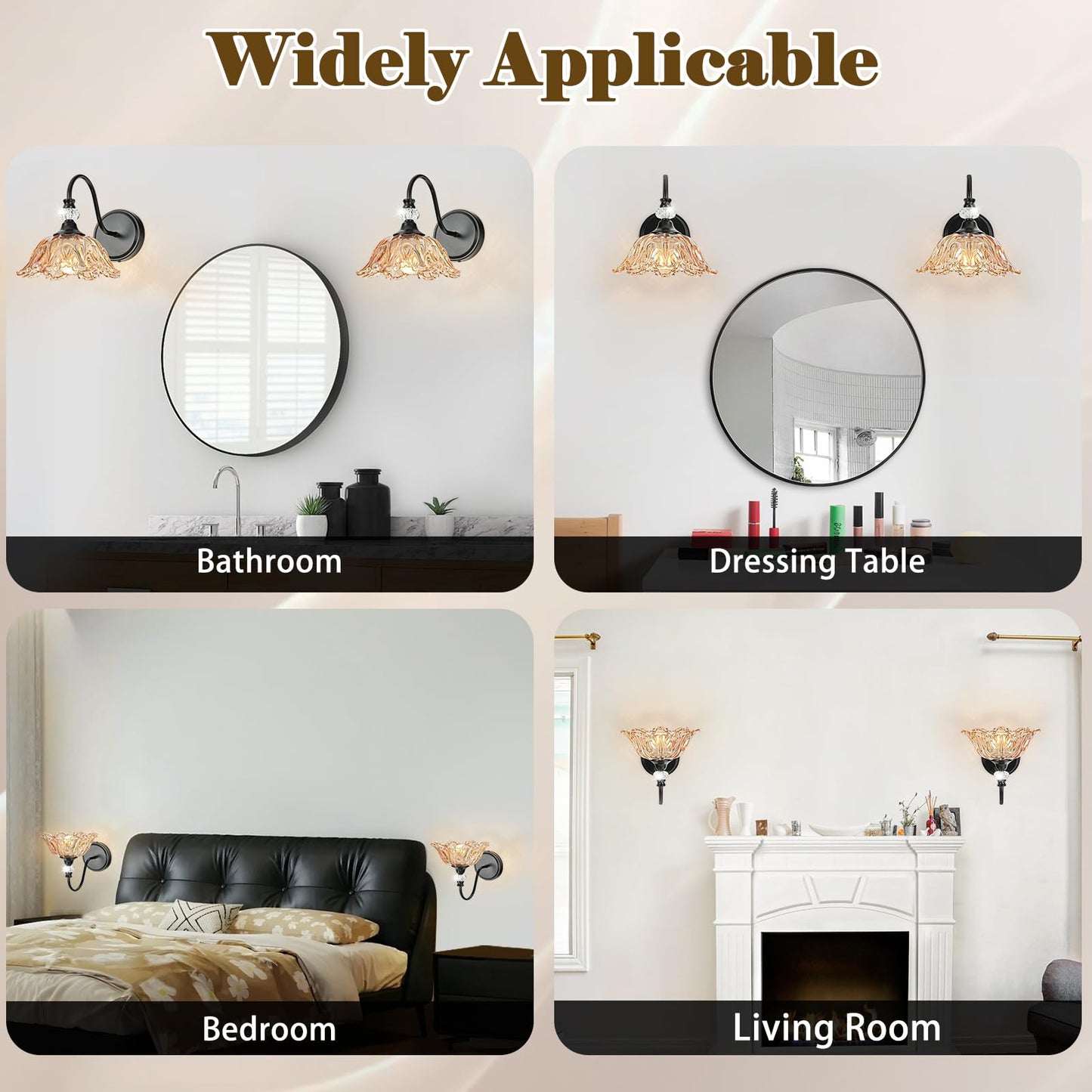 Sunkryster Black Bathroom Vanity Light  2-Light Vanity Light With Floral Amber Glass Shades Vintage Farmhouse Wall Mount Lighting For Bathroom  Dressing Table
