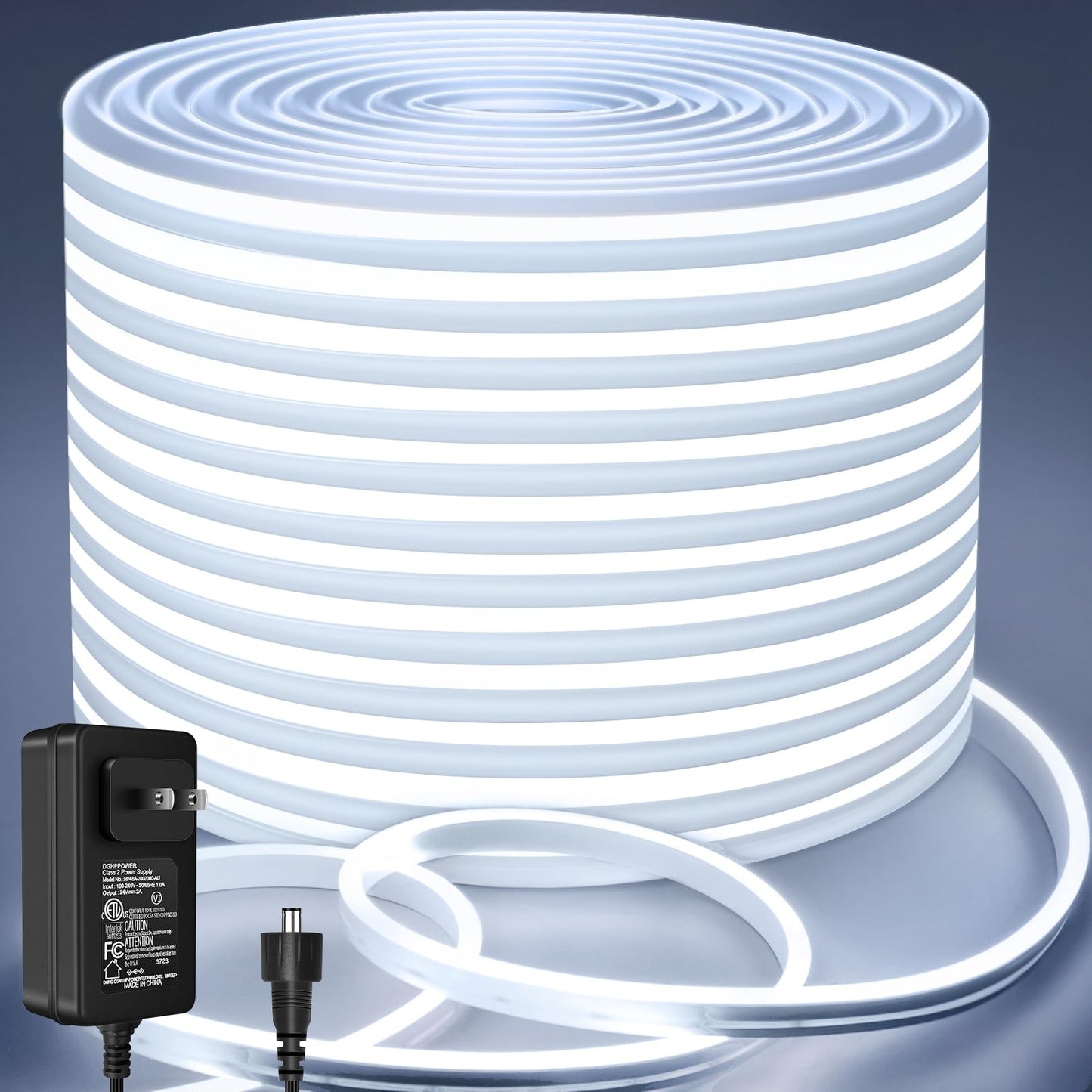 Lamomo Neon Led Rope Light 32.8Ft  White Led Strip Lights 1.96In/Cut  6000K Waterproof Flexible Silicone 24V Led Strip For Diy Neon Sign Bedroom Indoor Outdoor Decor(Power Adapter Included)