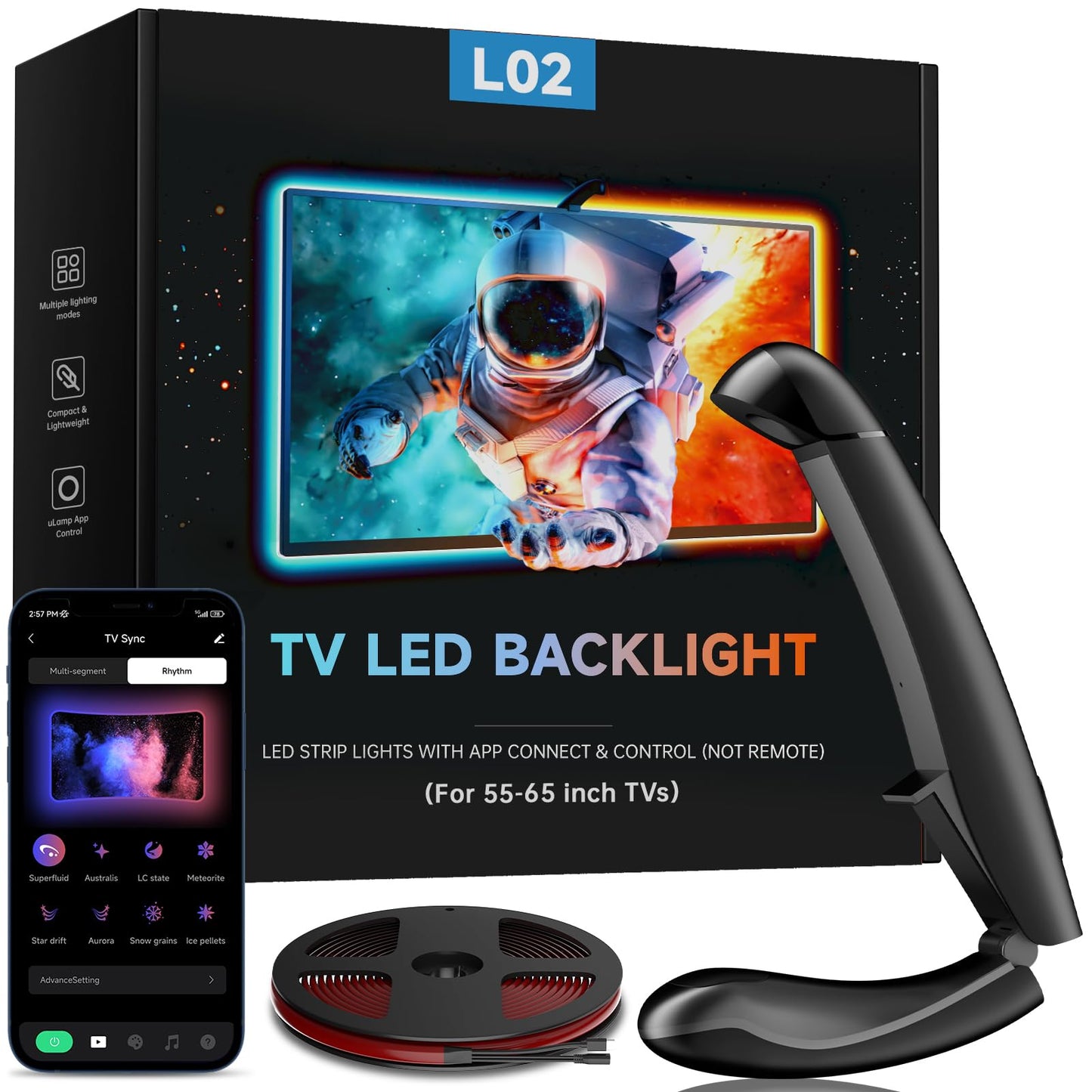 Qtu Tv Led Backlight With Sensor  14.7Ft Cuttable Rgb Strip Lights For 55-65 Inch Screen & Pc Monitor  Smart App Control  Game And Music Sync Color That Changing With Tv