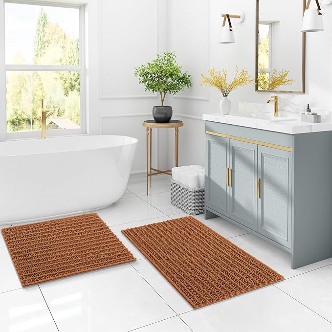 Arotive Luxury Chenille Bathroom Rug Mat, Extra Soft Thick Absorbent Shaggy Bath Rugs, Non-Slip Machine Wash Dry, Plush Bath Mats for Bathroom, Shower and Tub, 34x21, Clay