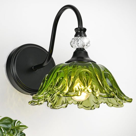 Sunkryster 1 Piece Black Wall Sconce With Floral Green Glass Shade  Black Farmhouse Wall Mount Lighting For Bathroom Vintage Bathroom Vanity Light Fixture