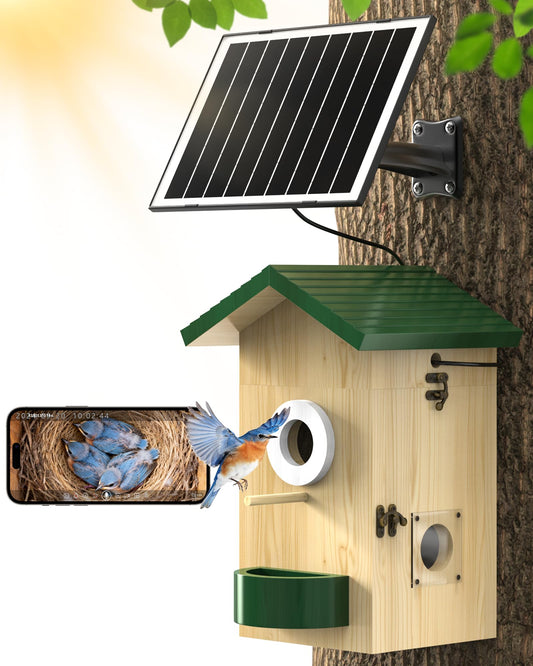 Smart Bird House with Camera Solar Powered, 2K HD Wi-Fi Bird Watching Camera for Birdhouse, Auto Detect & Notify, Night Vision, APP Control, Wooden Birdhouse with Camera Inside（Feeder）