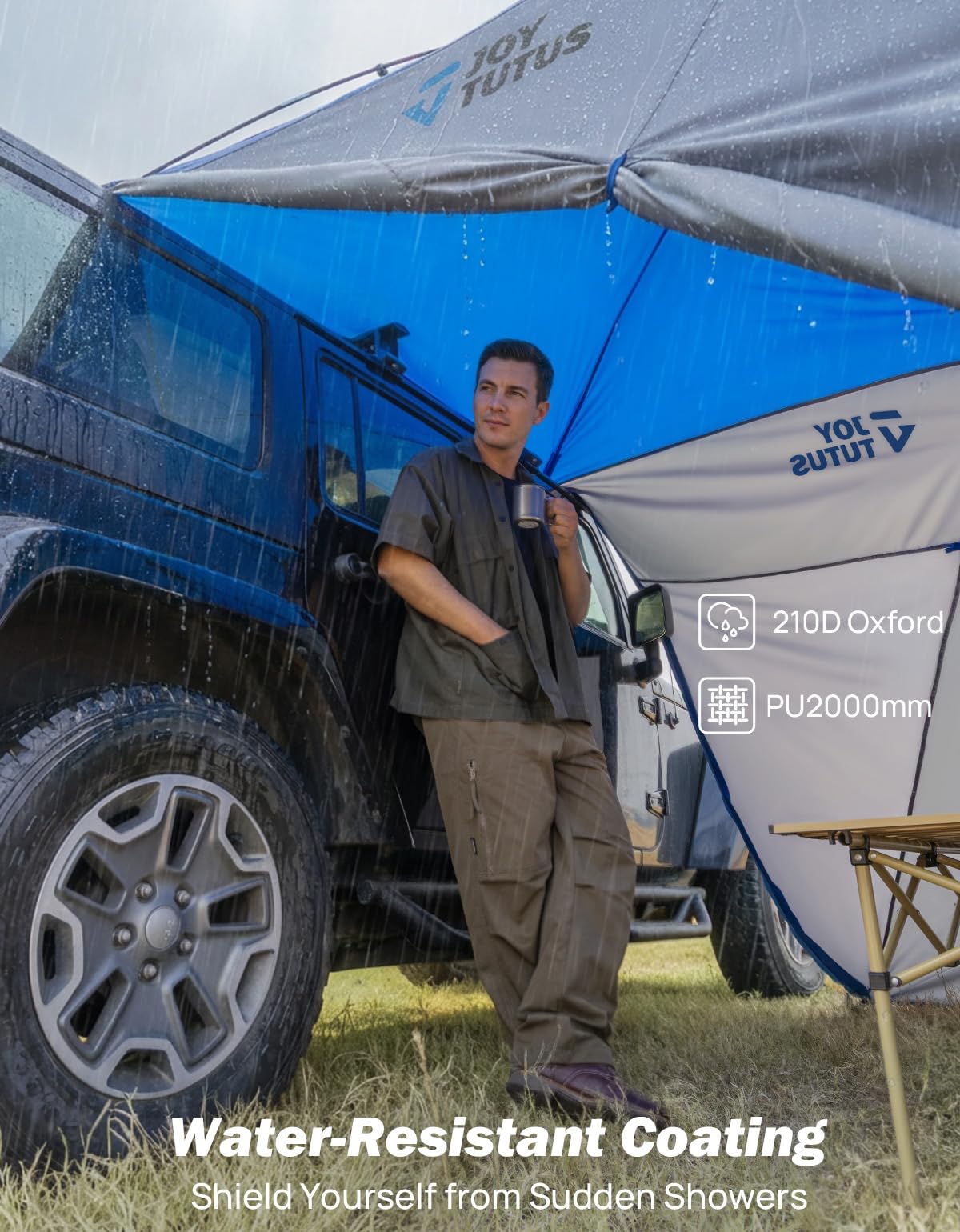 JOYTUTUS Car Shelter with Full-Coverage Sunshade for Side or Rear, Universal Mount Vehicle Awning and Car Camping Tent, Easy Set-up Buckles, Roll up Sides and Windows, UV50+, Rainproof, Gray Blue