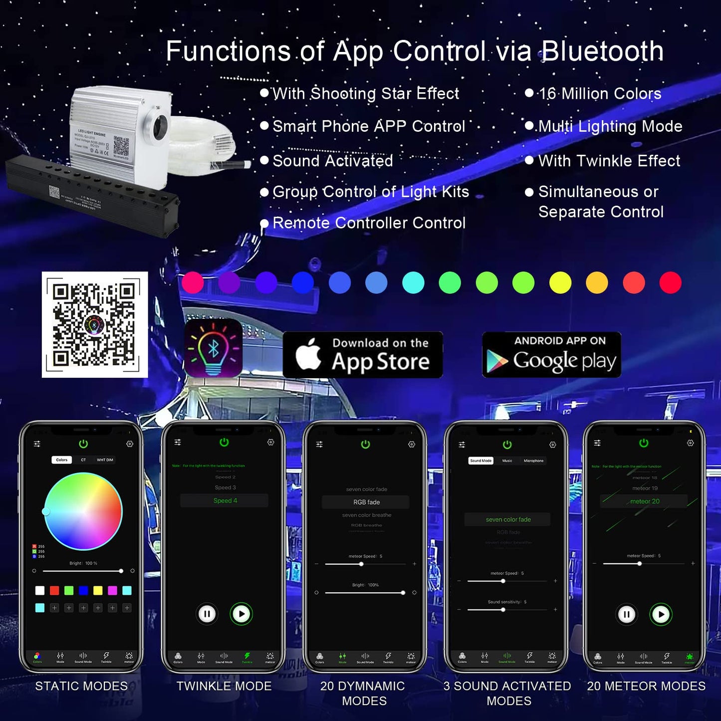 AKEPO Fiber Optic Lights Kit, 10W Meteor APP Control, RGBW, 460pcs 9.8ft/3m, Multicolor, Model QJ-L010