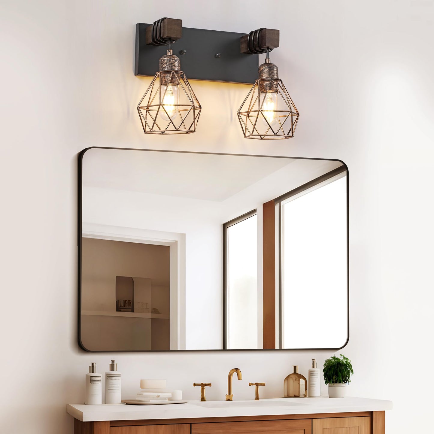 Farmhouse Bathroom Vanity Light Fixtures  2-Light Wood Bathroom Light Fixtures Over Mirror  Rustic Sconces Wall Lighting With Elegant Metal Lampshade For Living Room  Bedroom  Hallway