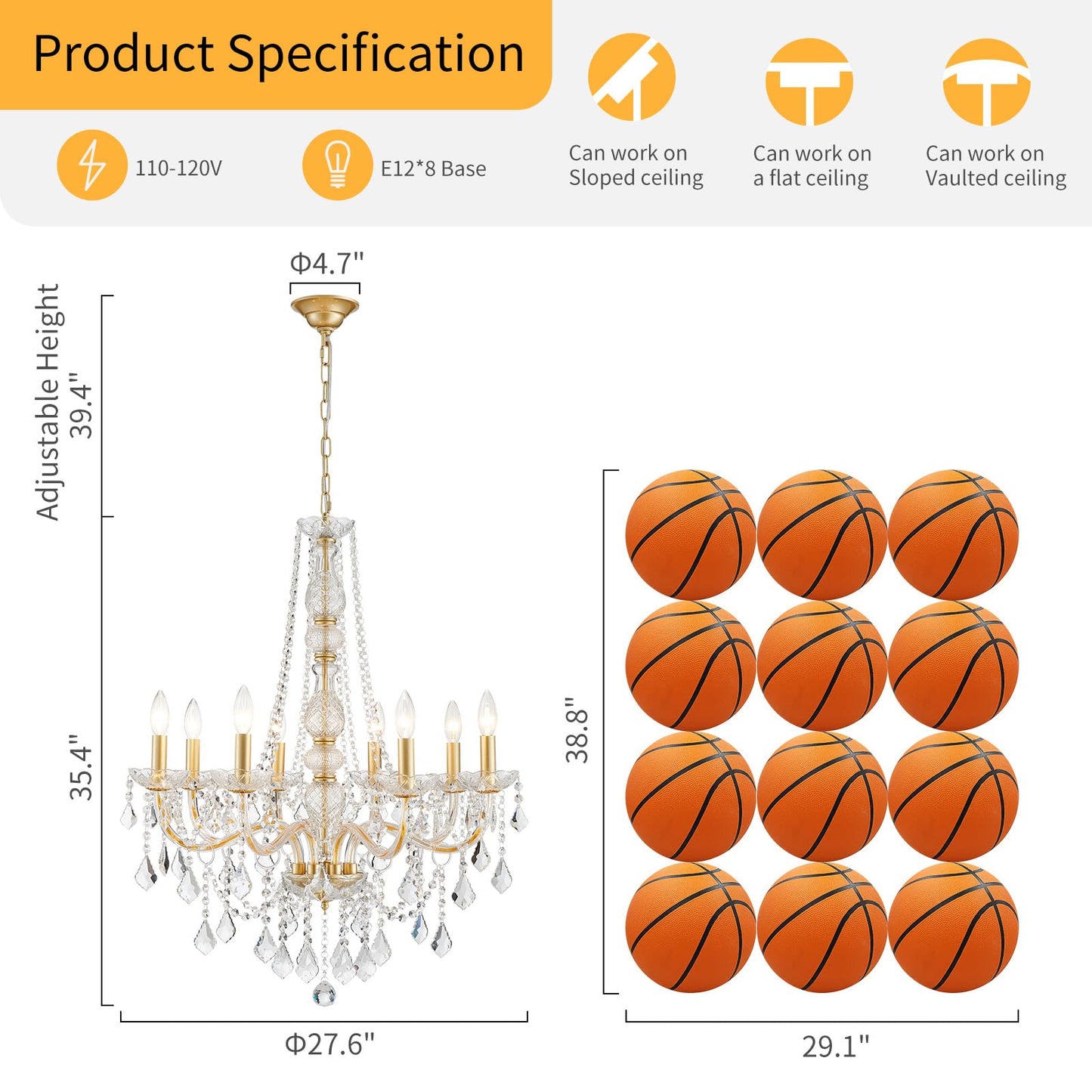Wuzups 8-Light Crystal Candle Chandelier Pendant Ceiling Light Modern Lighting Fixture For Bedroom Hallway Bar Kitchen Bathroom  H 35.4 W 27.6  E12 Base  Gold