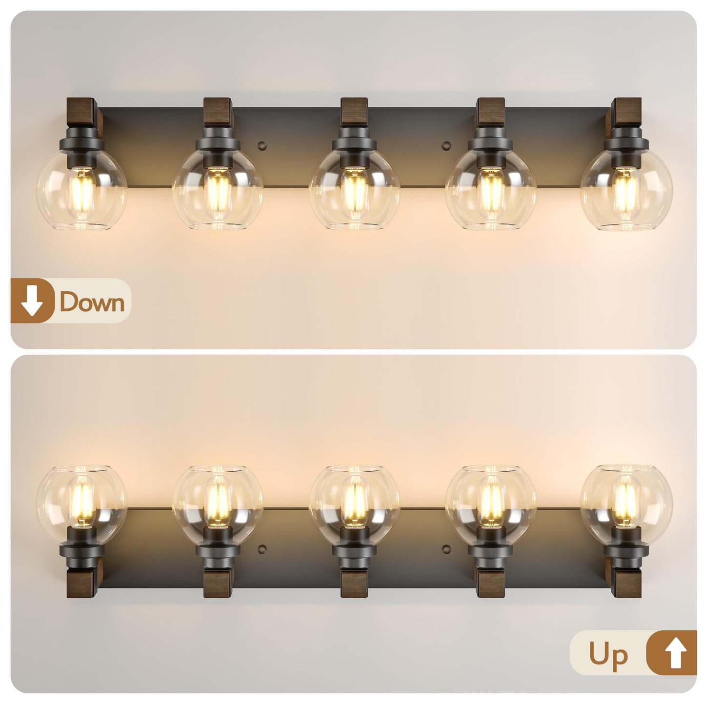Farmhouse Bathroom Vanity Light Fixtures  5-Light Wood Bathroom Light Fixtures Over Mirror  Rustic Sconces Wall Lighting With Glass Shade For Living Room  Bedroom  Hallway