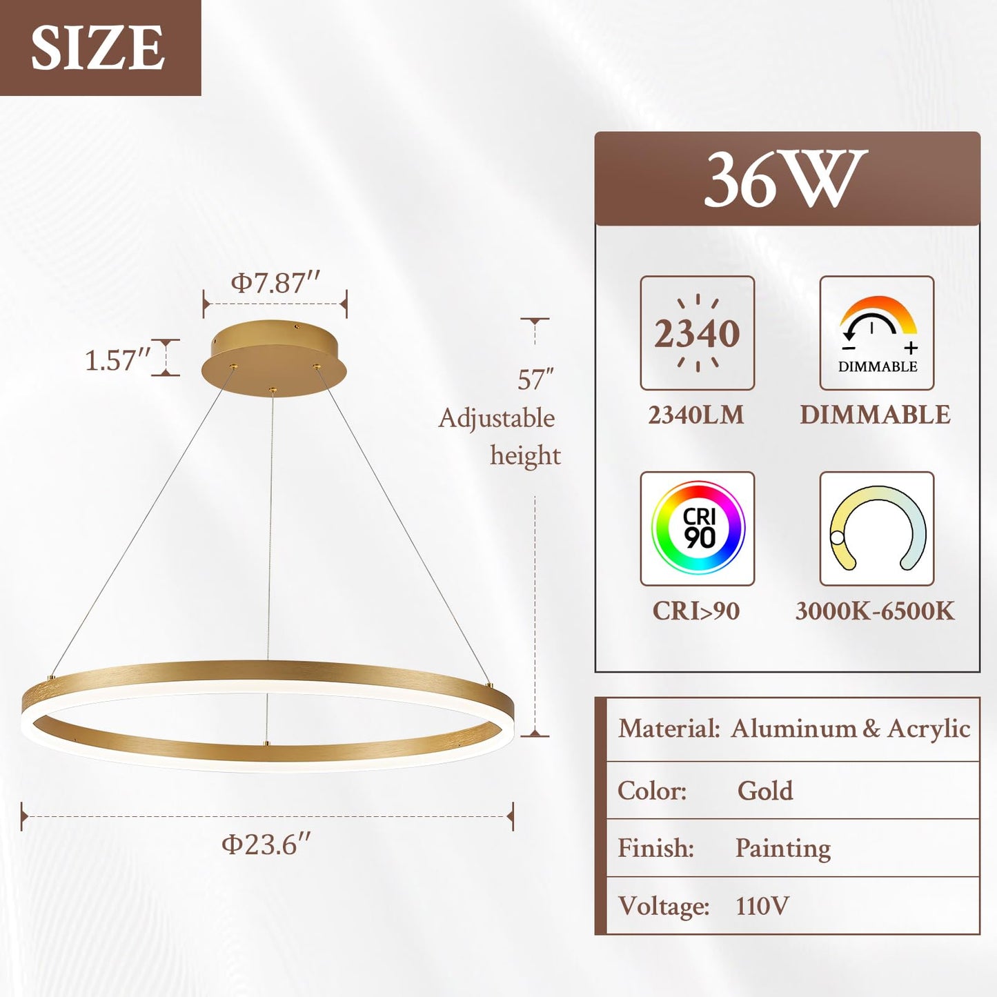 Sparklelf Modern Led Pendant Lighting 24 Ring Chandelier Gold Dimmable Led Chandelier For Dining Room 36W Adjustable Pendant Light Fixture For Living Room Bedroom Home Office Foyer  3000-6500K