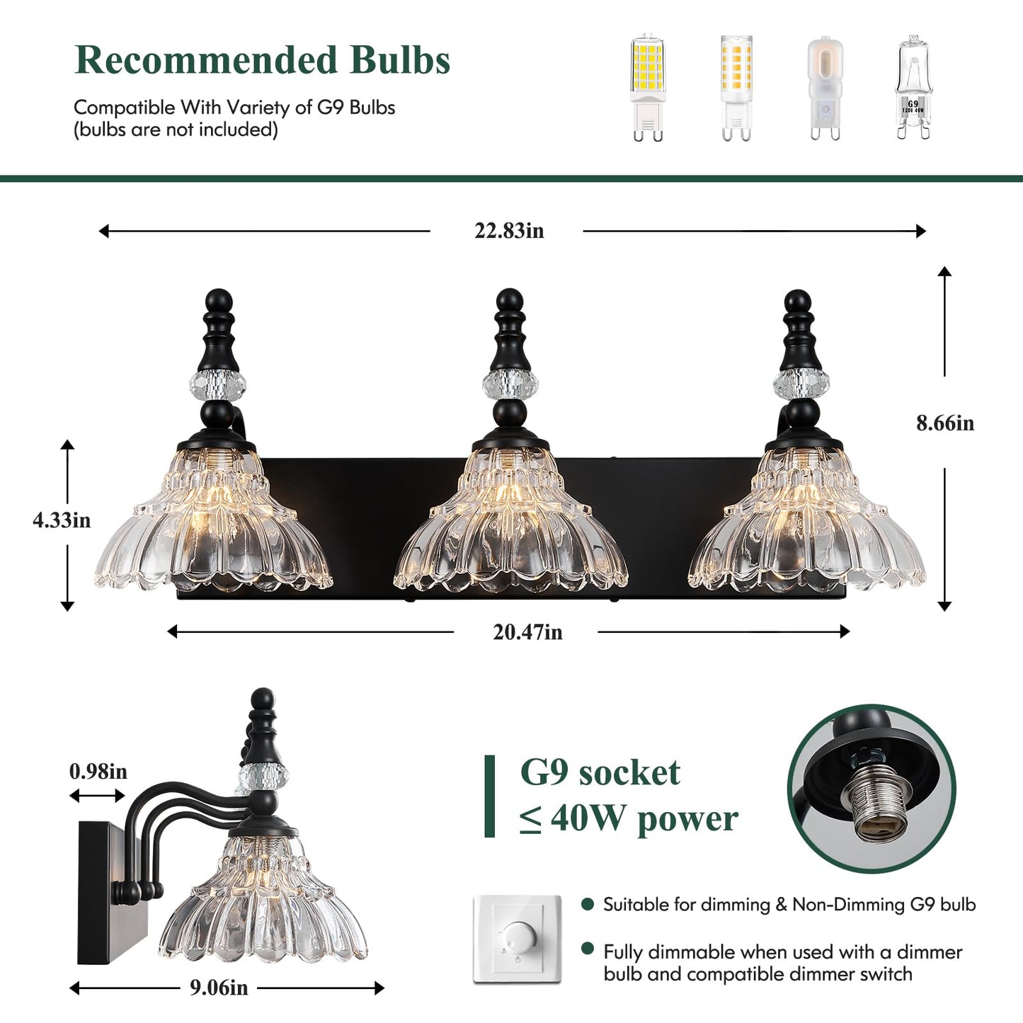 Lbsqj Vintage Bathroom Vanity Light  3-Light Black Vanity Lighting Fixture With Flower Glass Shade  Bathroom Lighting Fixtures Over Mirror