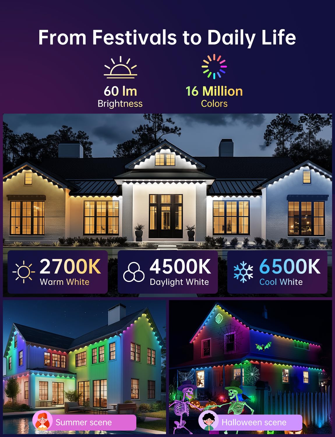 Lemonlovely Permanent Outdoor Lights Pro 100Ft With 50 Smart Ic+Rgbcw Christmas Halloween House Lights With Warm/Cool/Nature White Leds  Ip67 Waterproof For Holiday Daily Decor Accent Lighting
