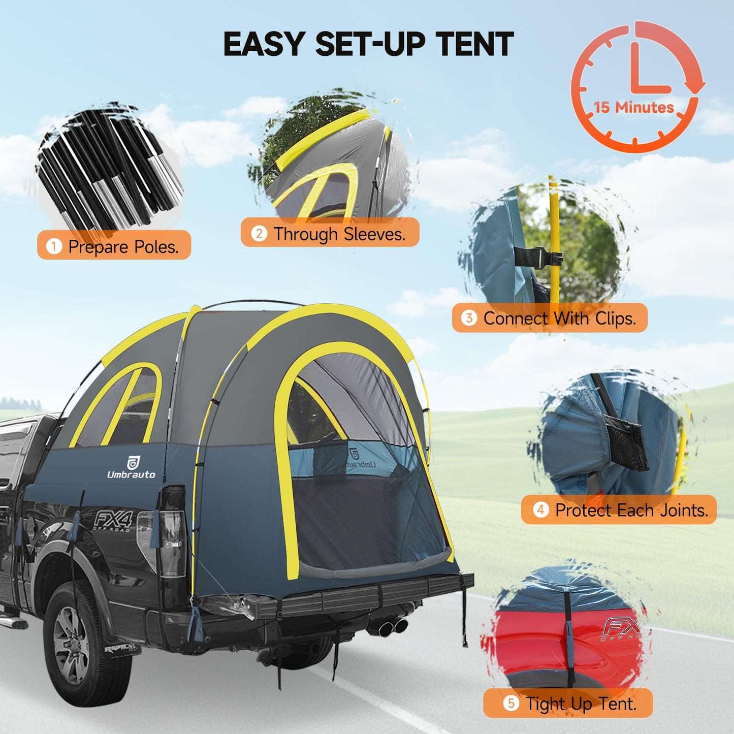 Truck Bed Tent 6.5ft: Easy Set Up Umburato Pickup Truck Tents for Camping, Waterproof PU3000mm Canopy for Truck Camper, Portable, Spacious for 2 Person Blue