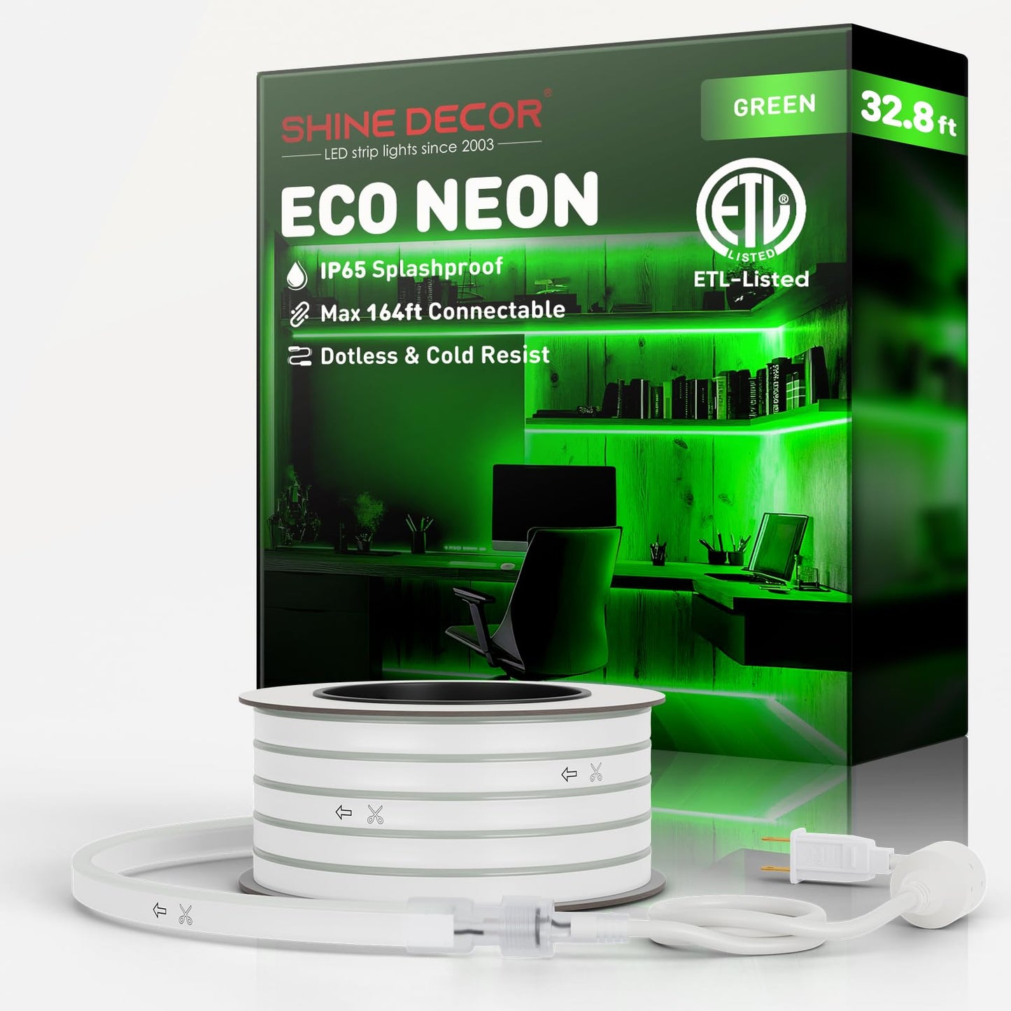Shine Decor LED Neon Rope Lights, Waterproof 32.8FT Green, PVC, 120 LEDs/M, AC 110V/120V, Connectable for Home & Commercial Use