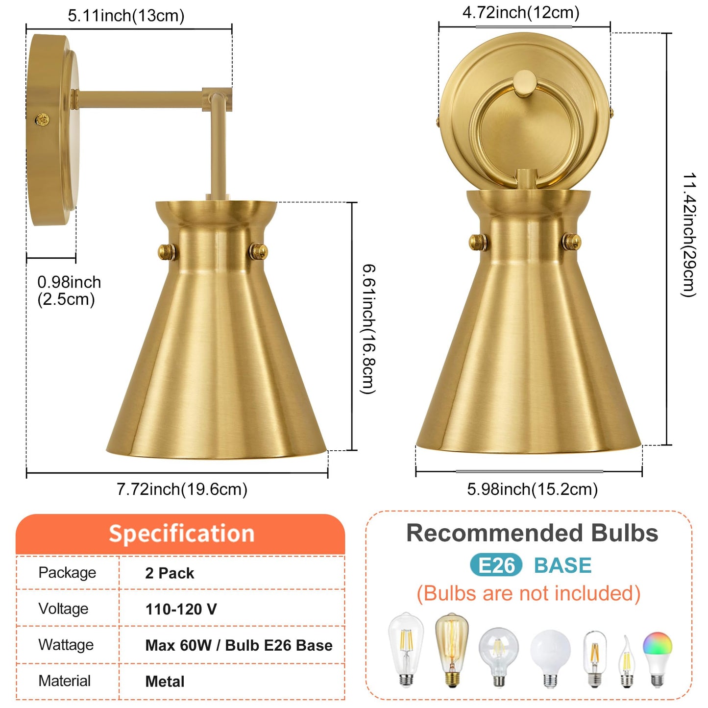Gednbo Gold Wall Sconces For Bathroom  Modern Vanity Light Fixtures  Wall Mount Lighting Farmhouse Wall Lights With 6 Inch Metal Lampshade For Bedroom Living Room Mirror Kitchen (Gold Metal  2 Pack)