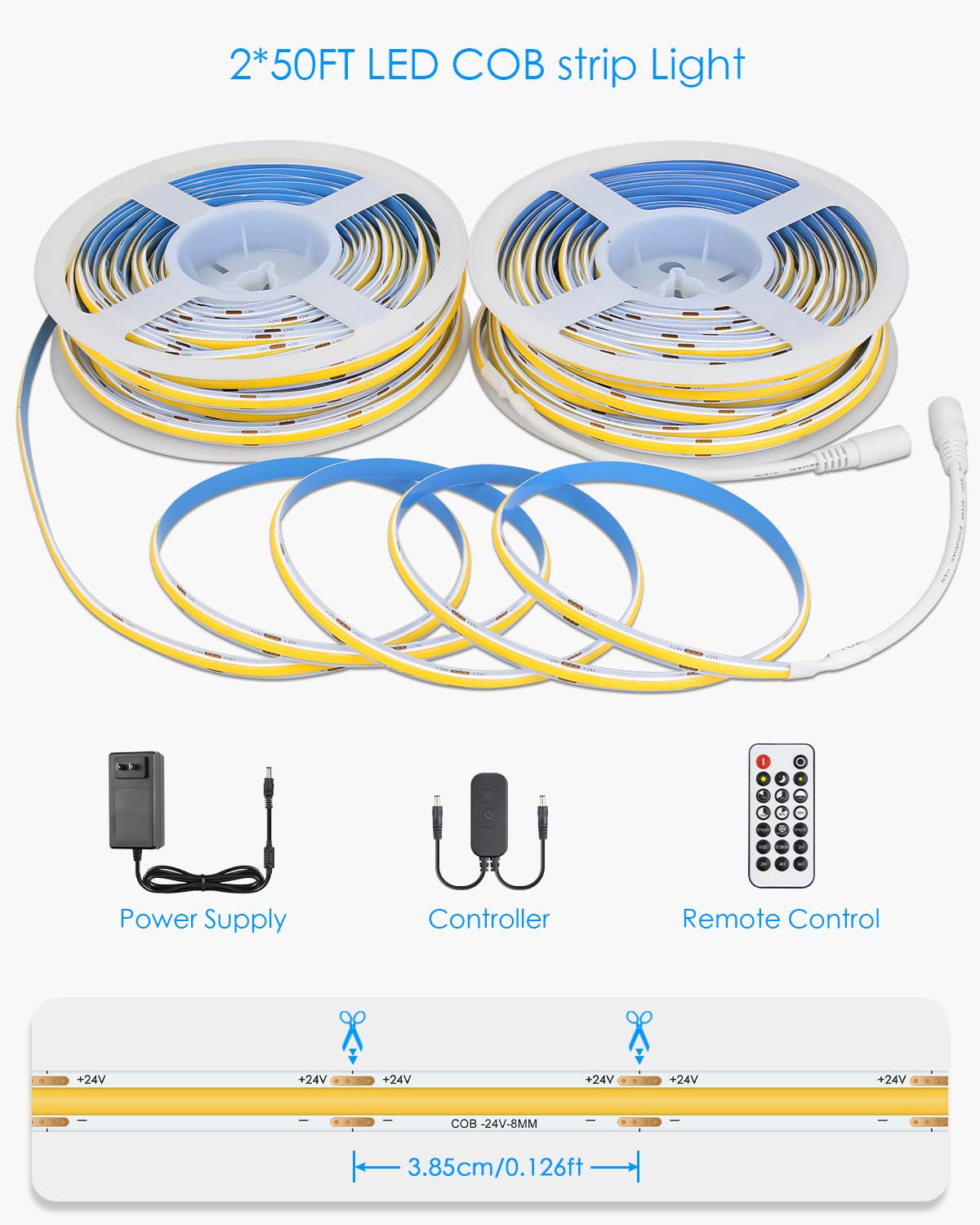Dimmable Cob Led Strip Lights For Bedroom 24V 6500K 100Ft 480Led/M Hight Density Bright White Bluetooth Flexible Cob Led Tape Lights With Remote Cold White Cri90+ For Cabinet Home Lighting 30M/2Roll