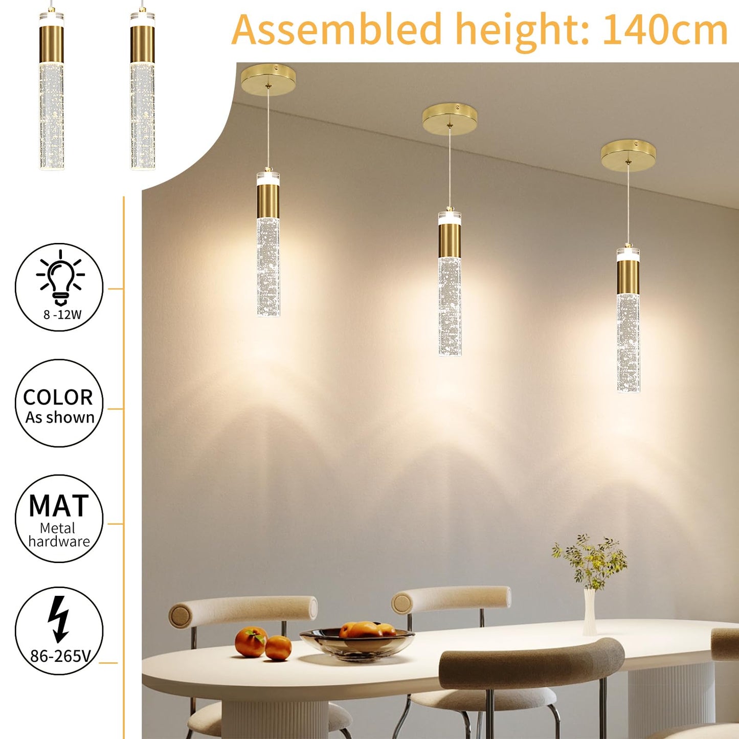 3 Pack Modern Kitchen Island Pendant Lights  Gold Bubble Crystal Ceiling Hanging Light  3 Color 2700K/4500K/6500K  Mini Linear Led Chandelier Lighting For Dining Room  Bedroom  Bar  Hallway  Bedside