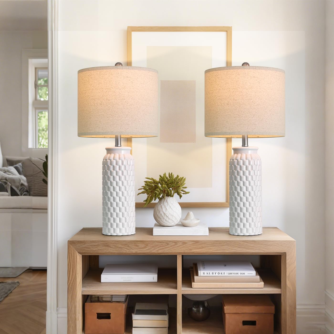 Usumkky 27 White Modern Ceramic Living Room Lamps Bedside Lamp Set Of 2 For Bedroom Decor Farmhouse Table Lamp For Living Room Office Dorm