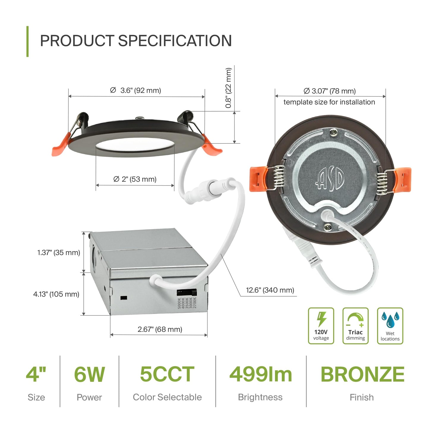 Asd 6 Pack 3 Inch Led Recessed Light 6W  5 Cct 2700K-5000K Cri90+  Ic Rated Ultra Thin Dimmable Ceiling Lights With J Box  Canless Wafer Downlight  Round Slim Panel Lighting  Energy Star Etl  Bronze