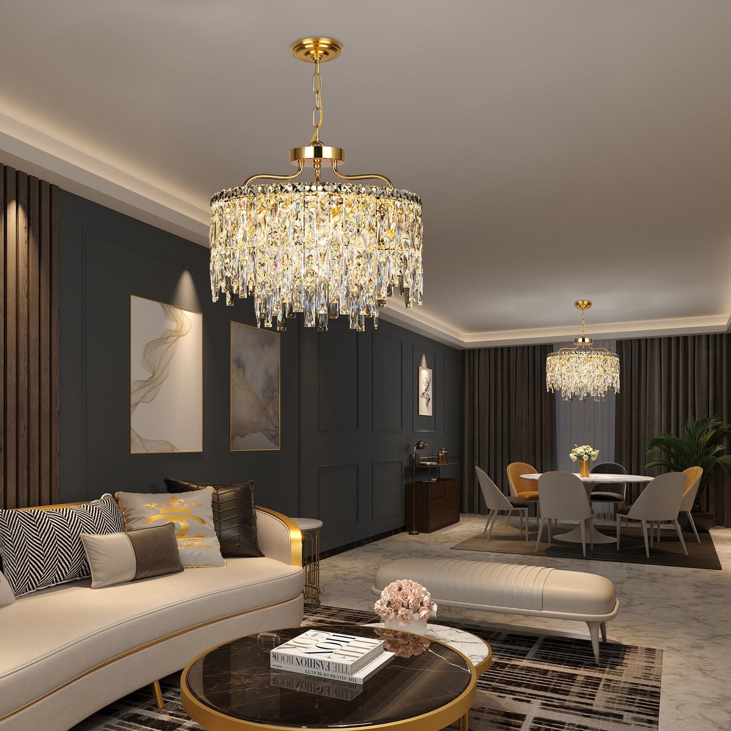 6 Light Gold Crystal Chandelier | Modern Crystal Chandeliers For Dining Room Light Fixture | stylish Ceiling Pendant Lighting For Living Room | Bedroom | Entryway | Foyer | Staircase | Barthroom