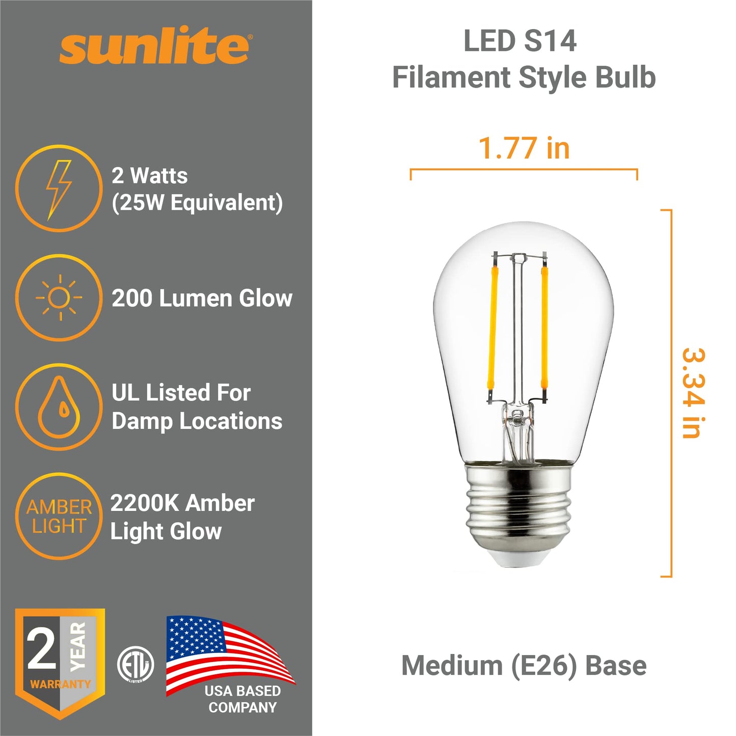 Sunlite LED S14 Filament String Light Bulb, 2W (25W Equivalent), 200 Lumens, Dimmable, 2700K Warm White, 12 Count, Medium