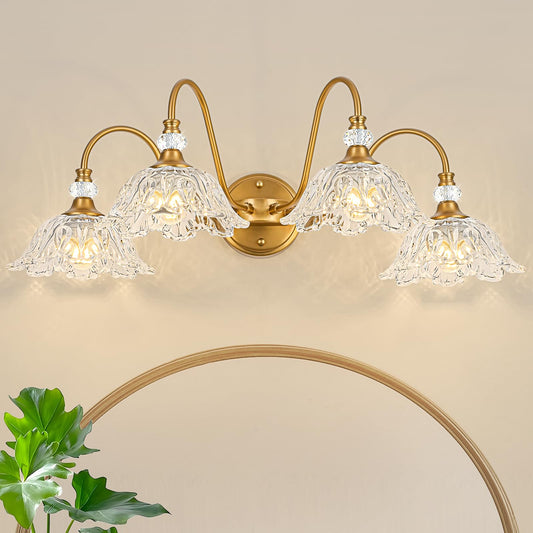 Sunkryster Vintage Matte Brass Finish Bathroom Vanity Light  4-Light Vanity Light With Floral Glass Shades  Retro Wall Mount Lighting For Bathroom  Dressing Table