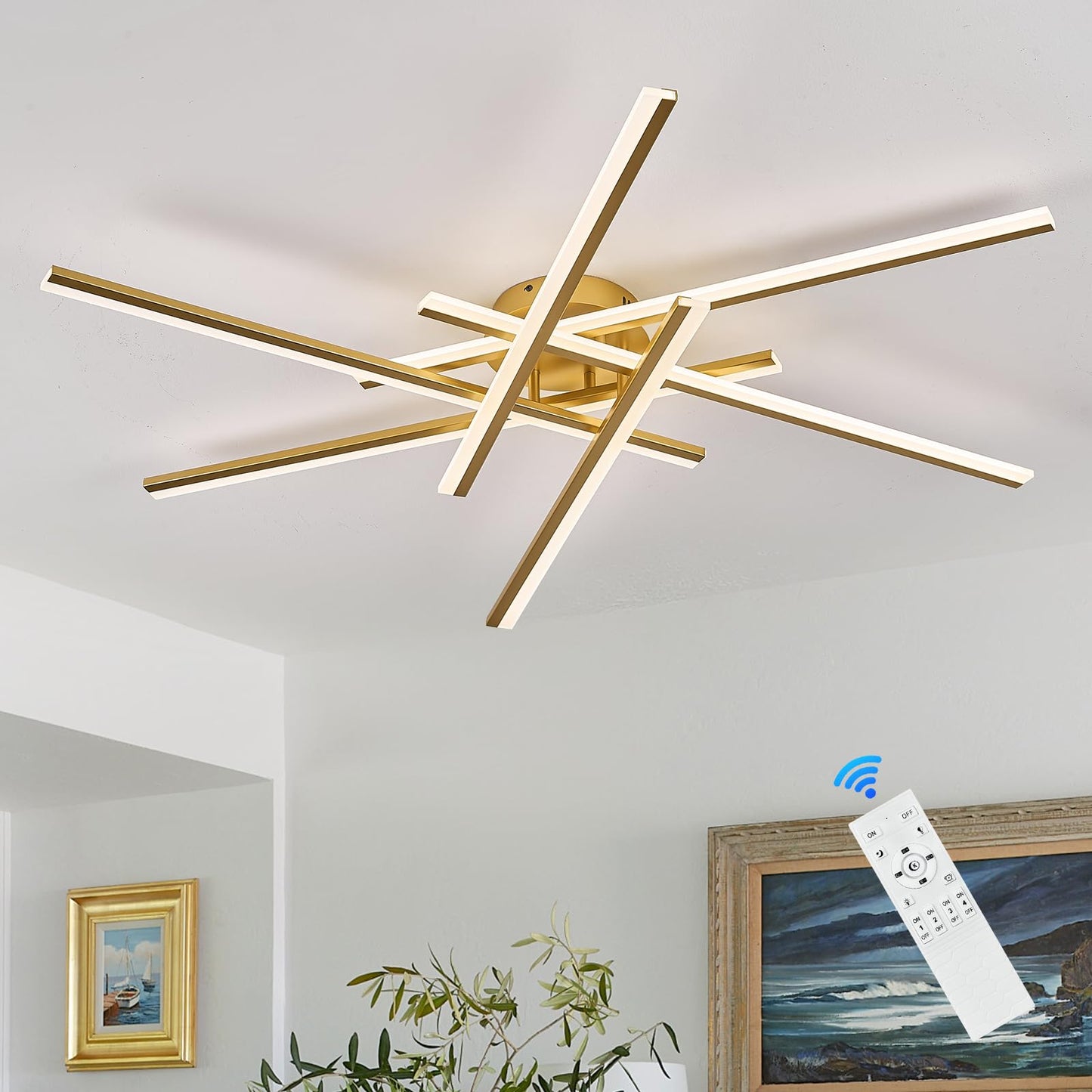 Airyphant 6-Lights Led Chandelier Modern Semi-Flush Mount Ceiling Light 44 Remote Control Ceiling Lighting Fixtures For Living Room Bedroom Kitchen Foyer