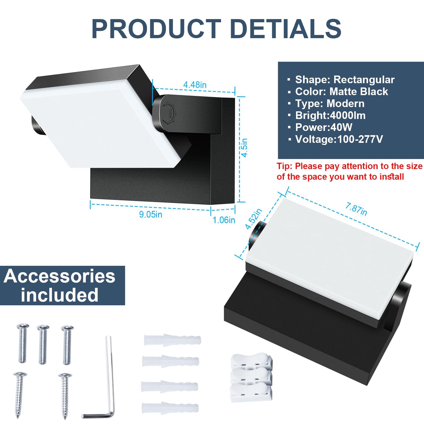 Tomourd 40W Outdoor Flood Light  5000K 360 Rotating Led Wall Light  Ip66 Waterproof Square Exterior Wall Pack Wall Mount Fixture Commercial Security Lighting For Garage House (8 Pack)