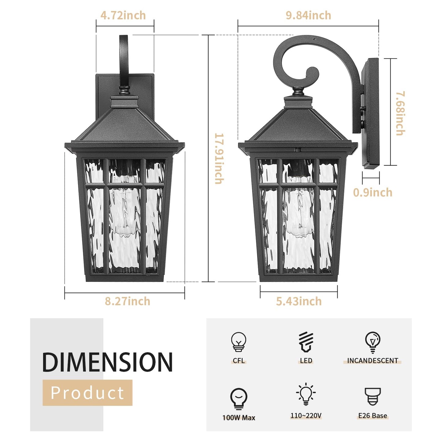 Darkaway 2Pcs Large Outdoor Wall Lights For House  18Inch Exterior Lighting Fixtures Wall Mount Outdoor Porch Lights Black Outside Sconce Lights With Water Ripple Glass For Patio Garage Hallway
