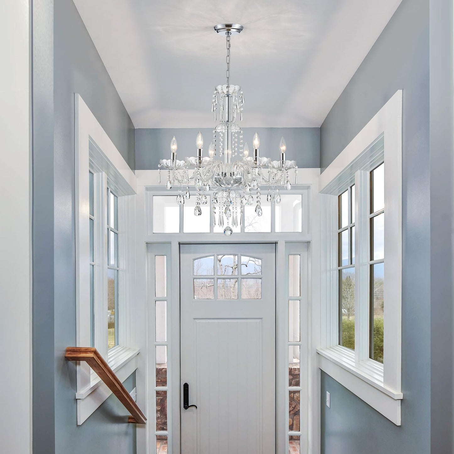 Wuzups 6-Light Crystal Candle Chandelier Pendant Ceiling Light Modern Lighting Fixture For Bedroom Hallway Bar Kitchen Bathroom  H 25.6 W 24.4  E12 Base  Chrome