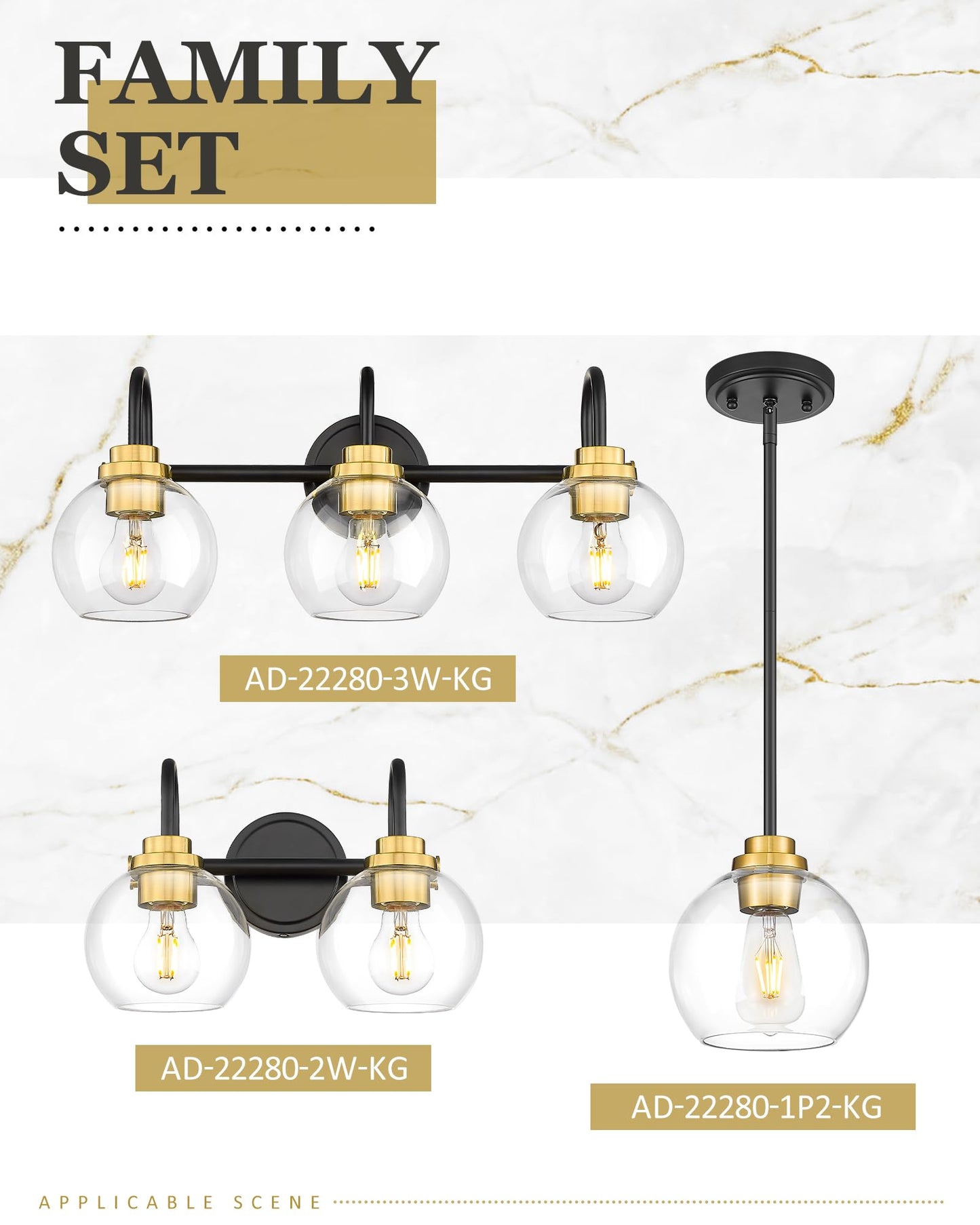 Audickic Bathroom Light Fixtures  2-Light Black And Gold Vanity Lights With Globe Clear Glass  Modern Vanity Lighting Fixtures Over Mirror  Ad-22280-2W-Kg