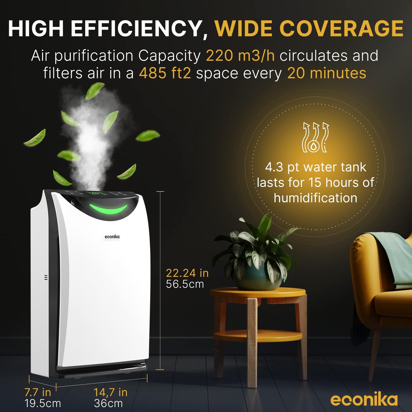 Econika Air Purifier and Humidifier Combo – HEPA Air Purifier with UV Light, Quiet for Bedroom and Living Room – Whole House Large Room Cleaner