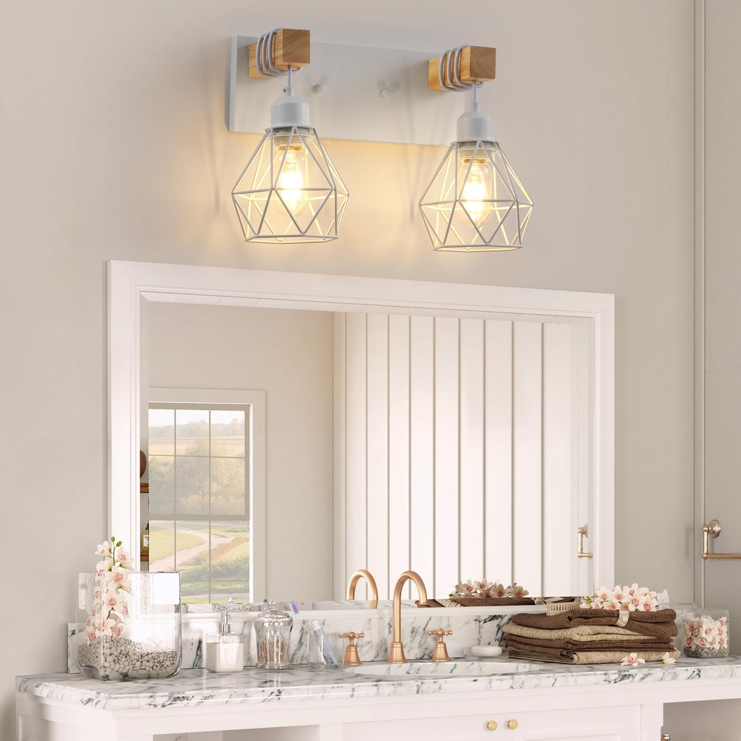 Farmhouse Vanity Light For Bathroom  2-Light White Wood Bathroom Vanity Light Fixtures Over Mirror  Rustic Sconces Wall Lighting With Metal Lampshade For Living Room  Bedroom  Hallway