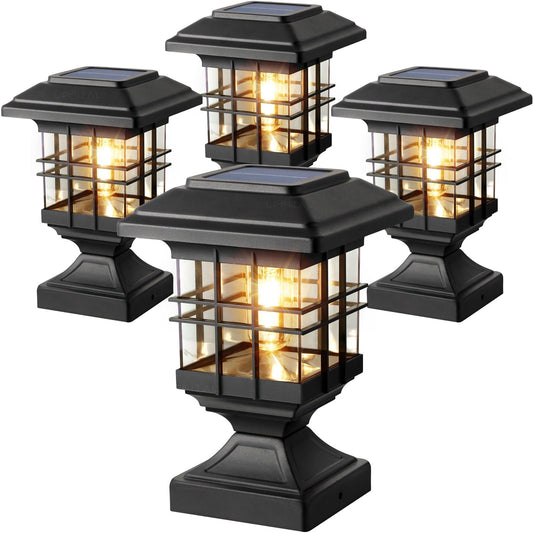 Lffital Solar Post Lights Outdoor Solar Cap Lights Deck Fence Cap For 4X4 5X5 6X6 Posts Patio Garden Courtyard Bright Decoration Fixture Waterproof Warm White Lighting Black (4Pack)