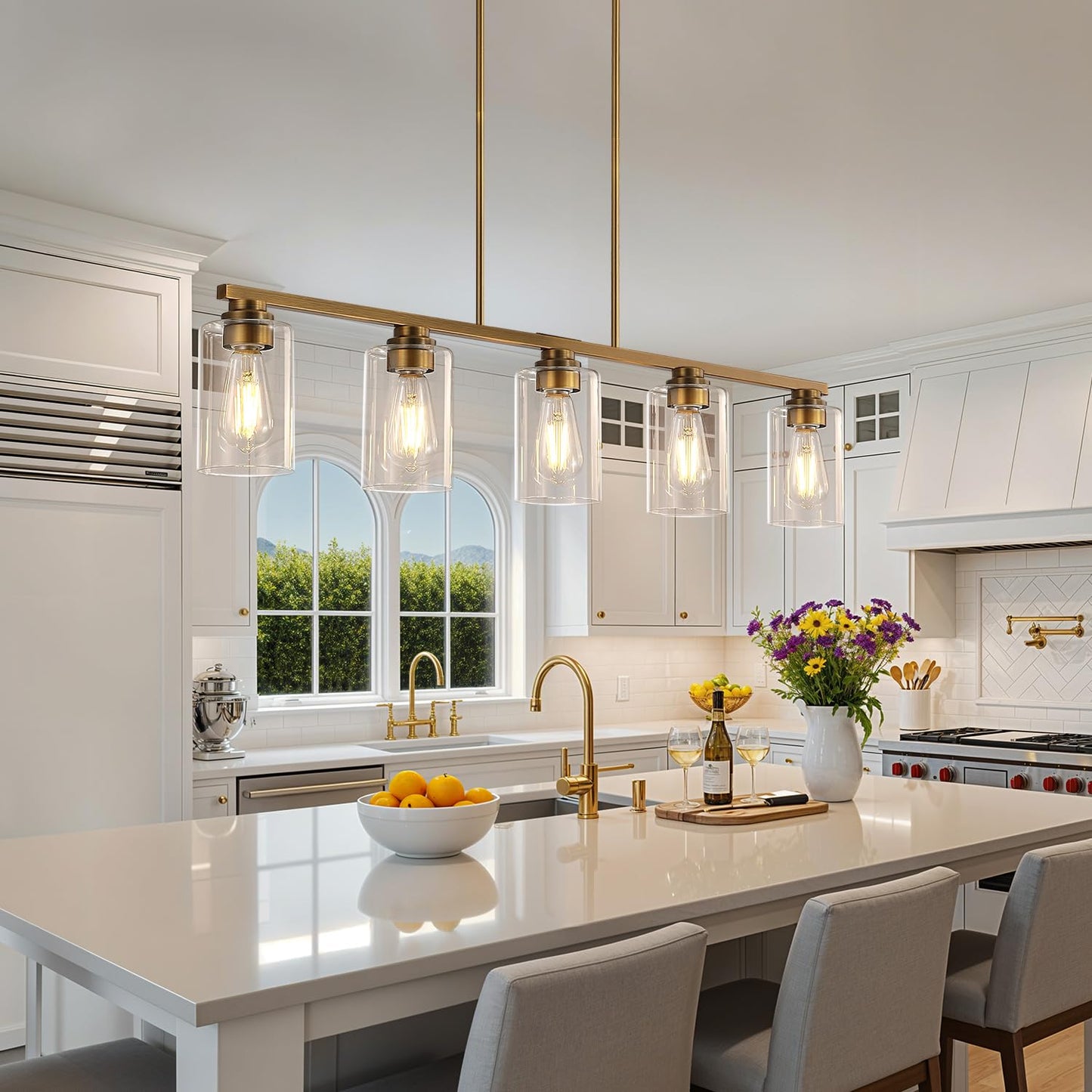 Mecgirn Island Light For Kitchen  Brushed Brass Dining Room Light Fixture Over Table  5-Light Linear Chandelier Pendant Lighting For Dining Table Kitchen Island Living Room