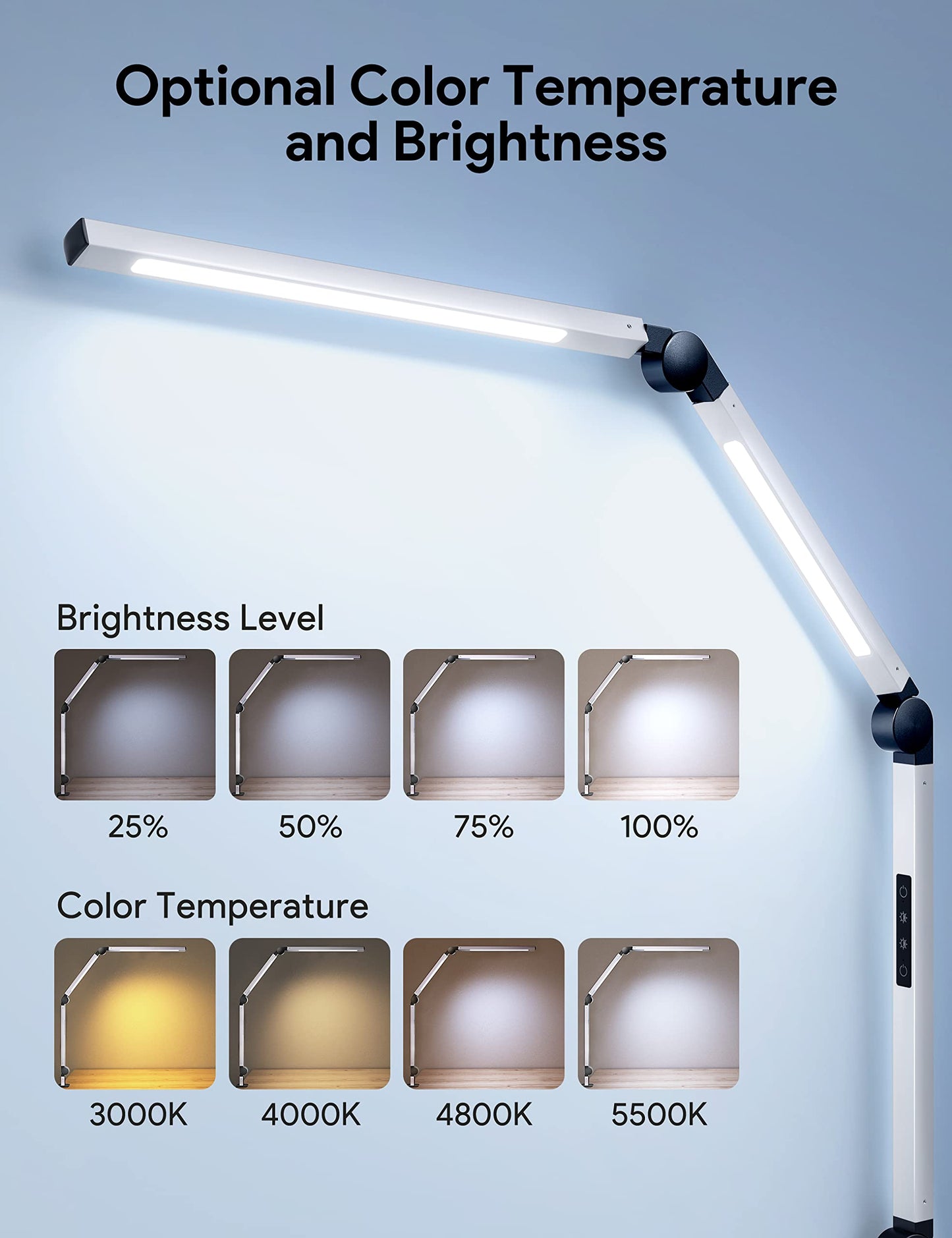 MediAcous LED Desk Lamp with Clamp, Dimmable 4 Color Modes, Swing Arm, White, Model ME-DL02