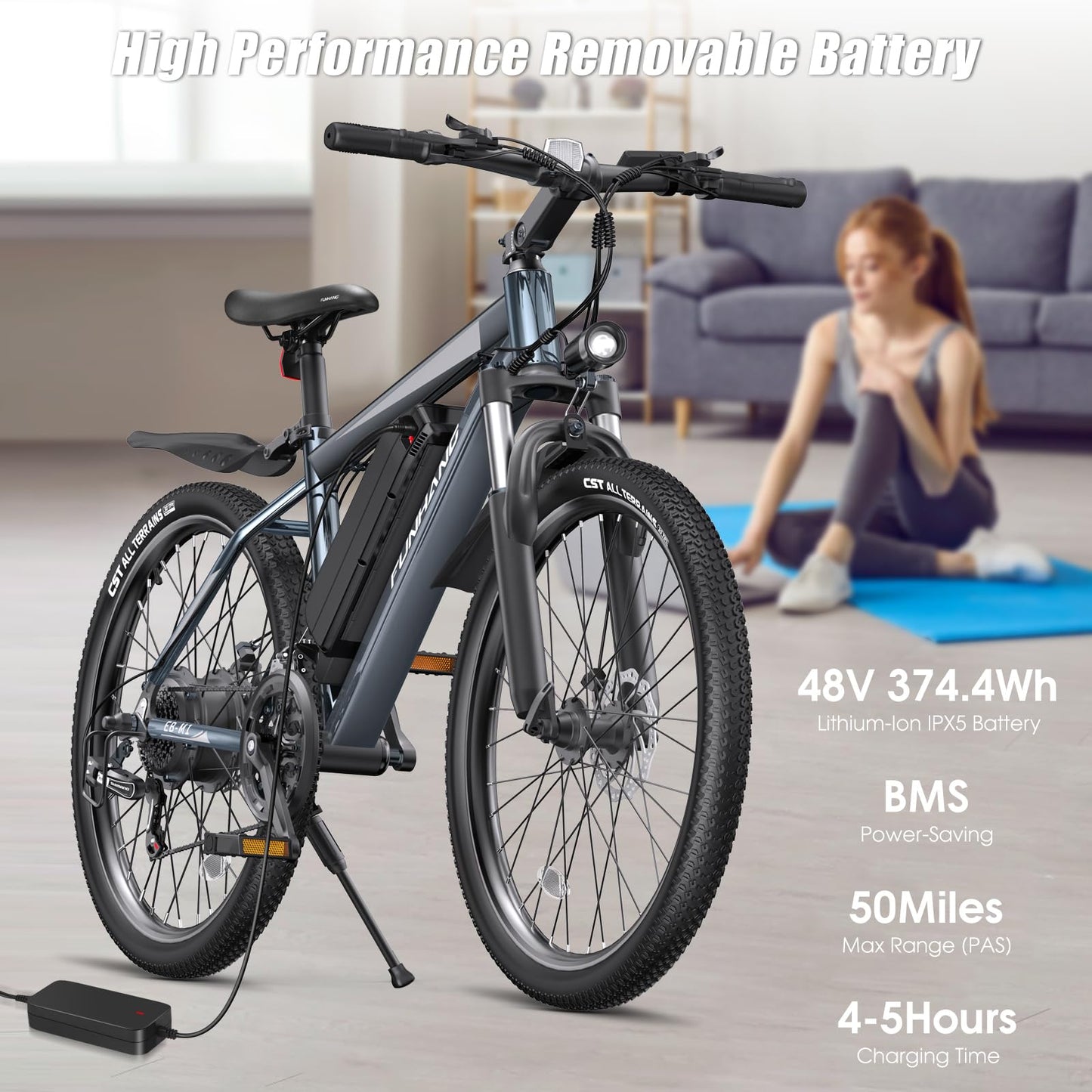 Funhang Electric Bike for Adults, 1000W Peak Ebike, 50Miles 21.7MPH Electric Mountain Bike, 26" Adult Electric Bicycle with 48V Removable Battery, Fenders,7 Speed, Front Suspension, UL 2849 Certified