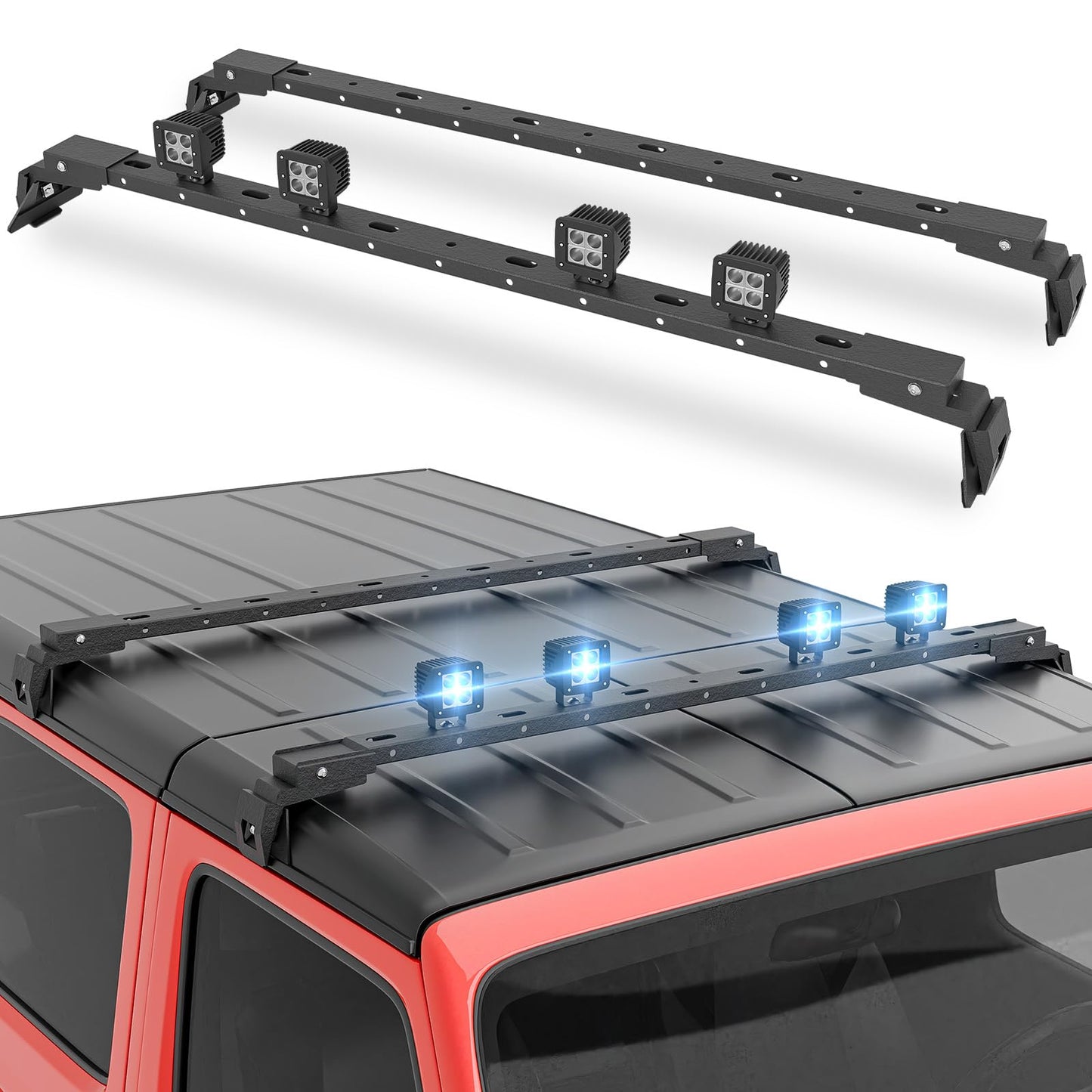 YZONA 400 LBS Roof Rack Cross Bars with 4 Pcs LED Lights Bar Compatible for 2007-2026 Jeep Wrangler JK JKU JL JLU Unlimited & Gladiator JT Hardtop, Roof Rail Crossbars Cargo Carrier Rooftop Luggage