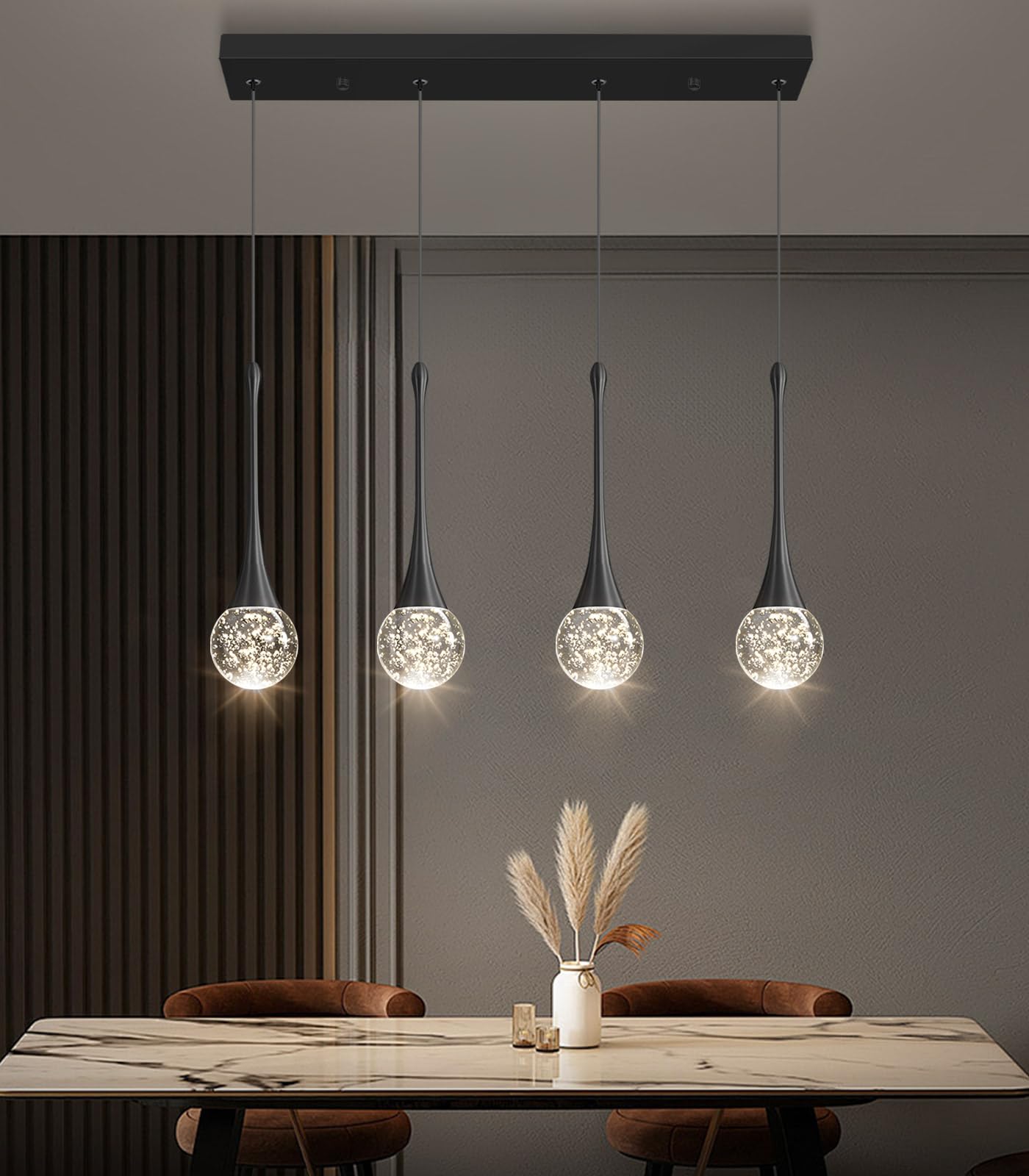 4-Lights Modern Pendant Lights For Kitchen Island Led Dimmable Crystal Glam Ceiling Pendant Lighting Chandelier For Dining Room Hallway Bedroom Black