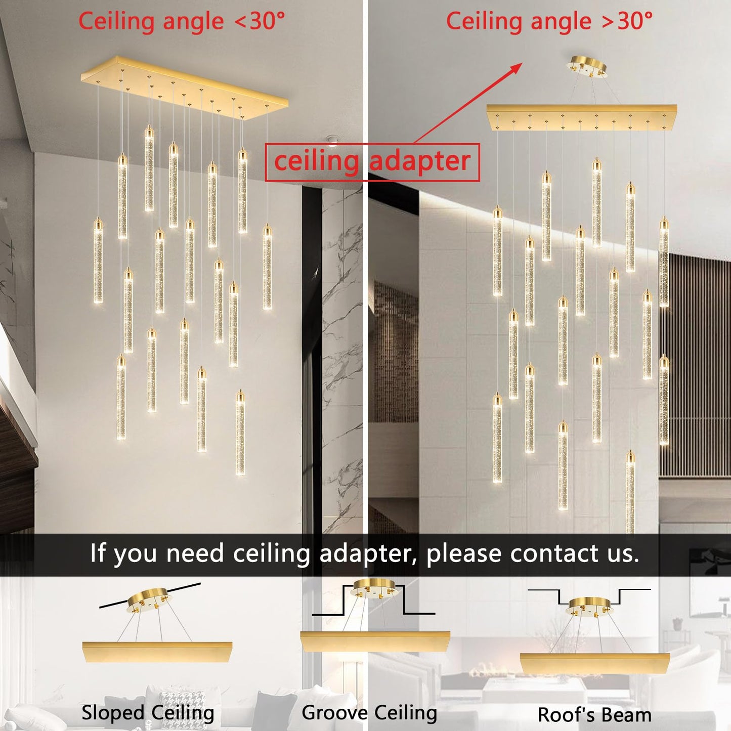 Rectangular Chandeliers 17-Lights Long Light For Entryway Led Dimmable Chandeliers Lighting Fixture Flat Sloped High Ceiling Pendant Lights Crystal For Living Room Foyer Hallway Staircase Gold