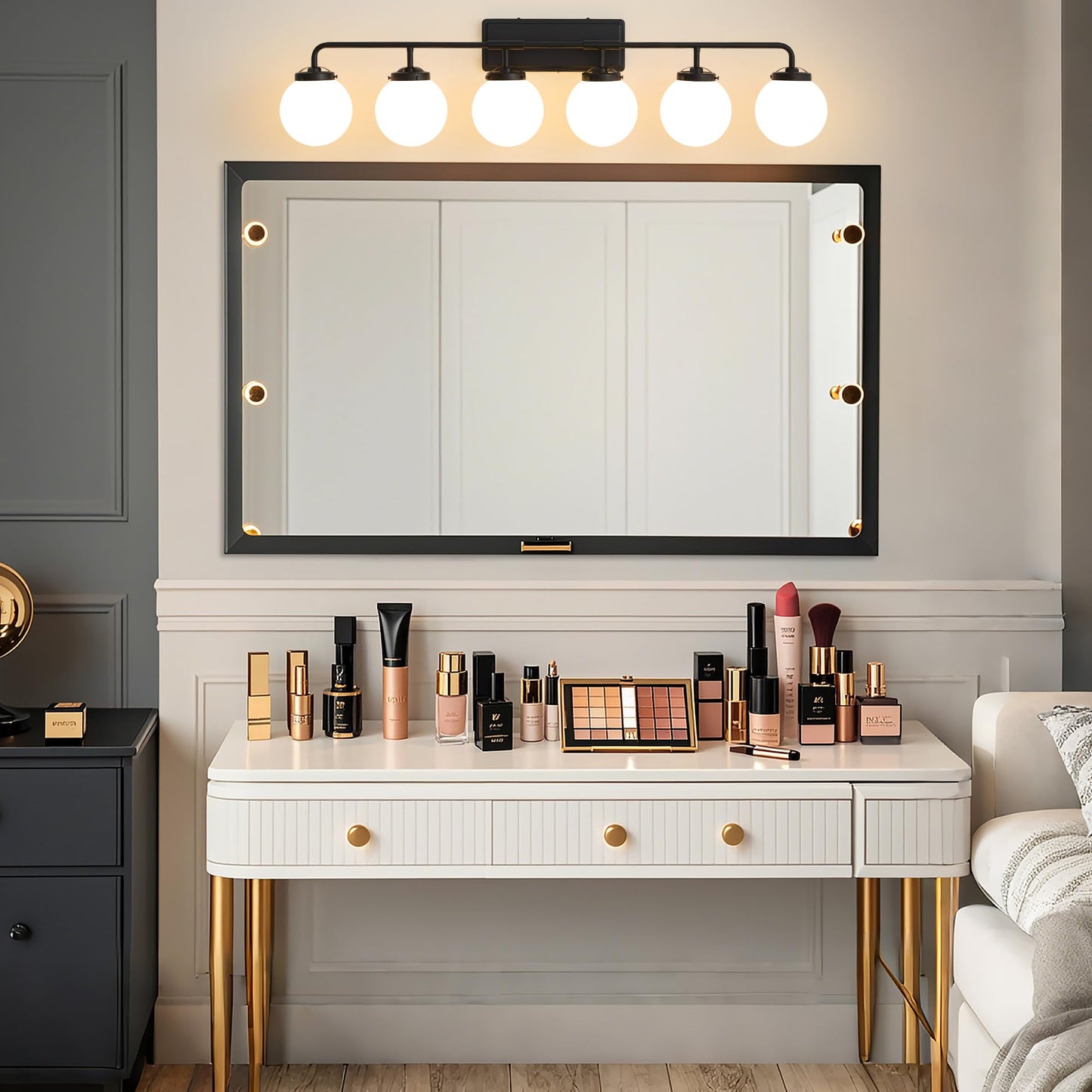 Deyidn Bathroom Light Fixtures Over Mirror  6-Light Matte Black Vanity Lighting With Milk White Glass Globe Shades Modern Wall Sconce