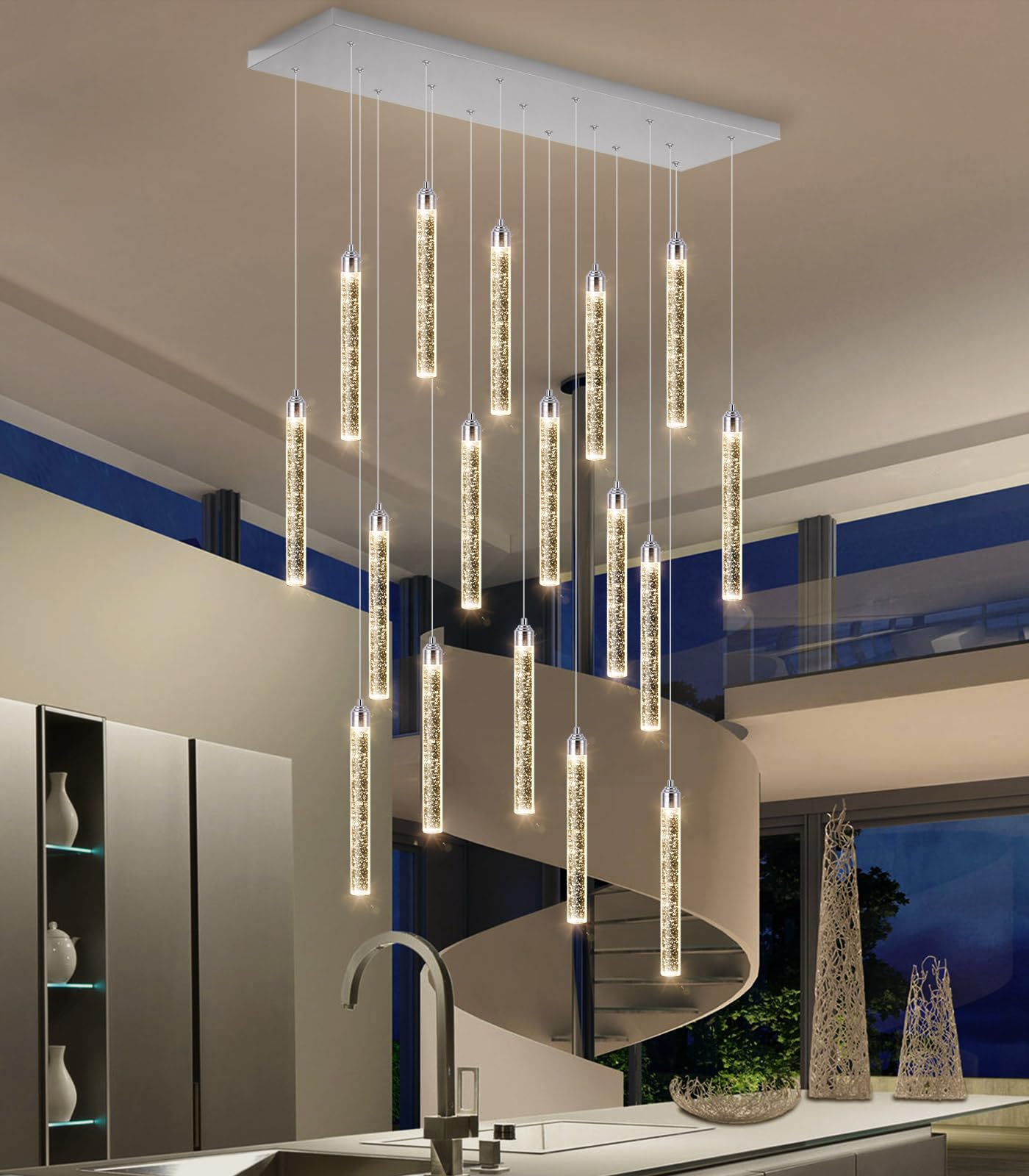 Rectangular Chandeliers 17-Lights Long Light For Entryway Led Dimmable Chandeliers Lighting Fixture Flat Sloped High Ceiling Pendant Lights Crystal For Living Room Foyer Hallway Staircase Silver
