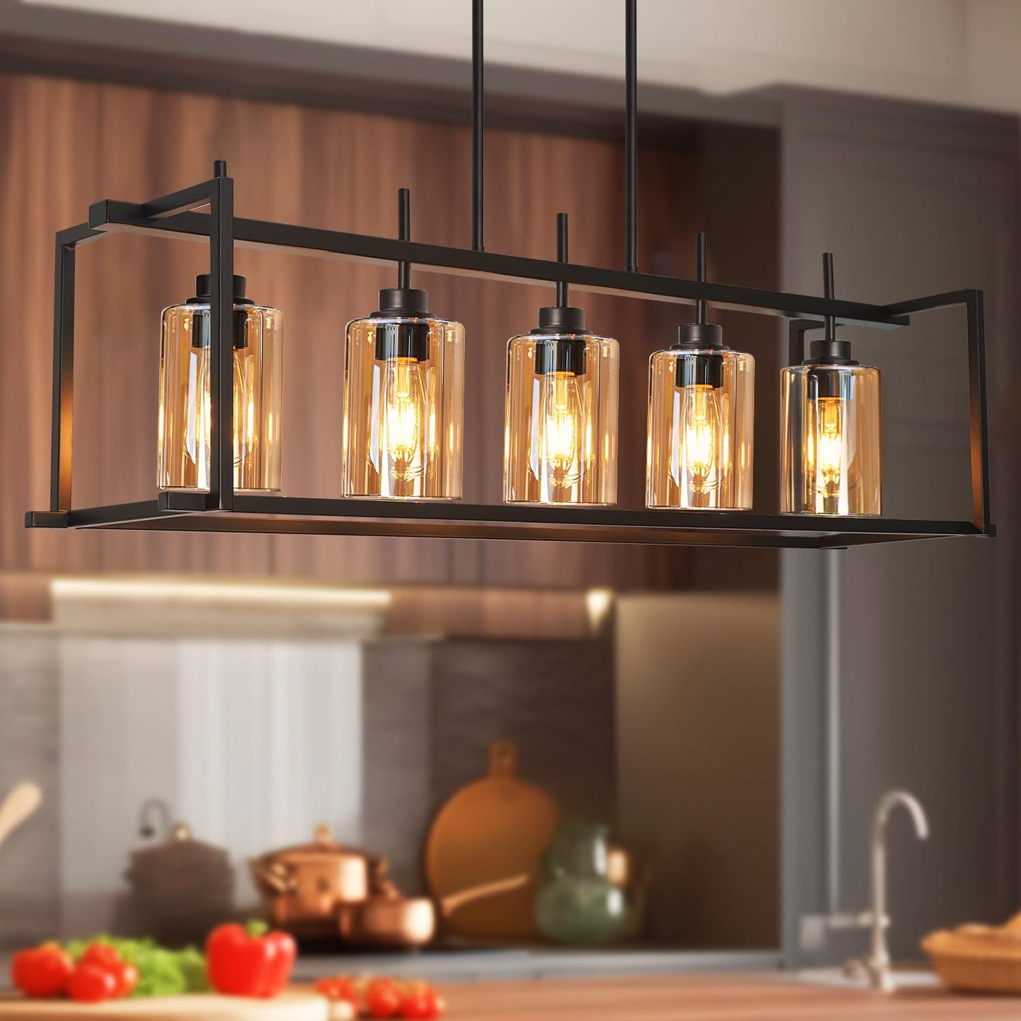 Dsmjfu Matte Black Farmhouse Dining Room Lighting Fixture  5-Light Linear Pendant Lighting  Rectangle Kitchen Light With Amber Glass Shades  Adjustable Height Rectangle Hanging For Kitchen Table