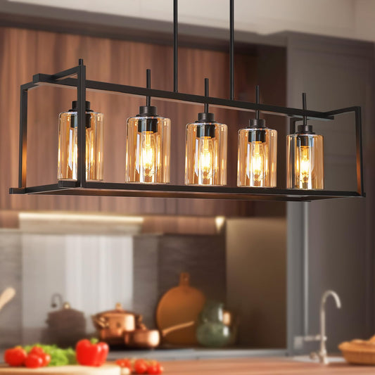 Dsmjfu Matte Black Farmhouse Dining Room Lighting Fixture  5-Light Linear Pendant Lighting  Rectangle Kitchen Light With Amber Glass Shades  Adjustable Height Rectangle Hanging For Kitchen Table