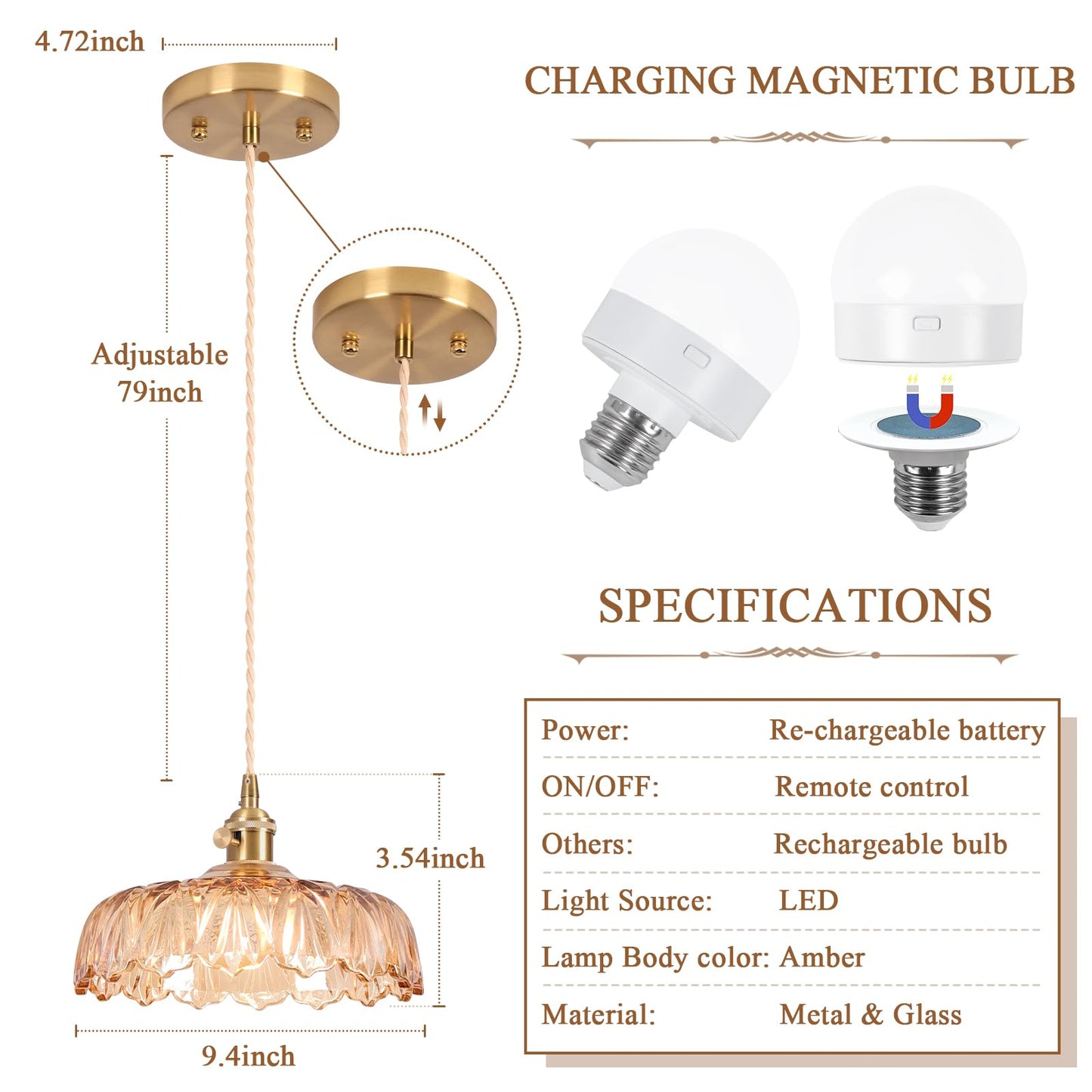 Battery Operated Pendant Light Vintage Light Fixtures 2500Mah 9.4In Rgb Light Bulb Amber Modern Chandelier With Remote Control Wireless Adjustable Rechargeable Chandelier For Kitchen Island 1Light