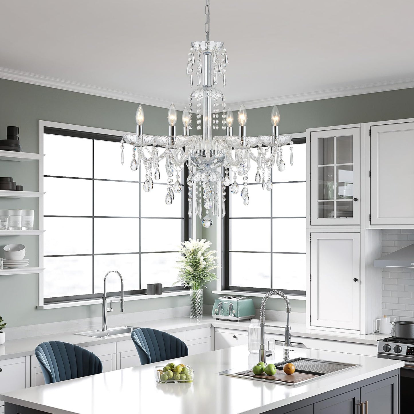 Wuzups 6-Light Crystal Candle Chandelier Pendant Ceiling Light Modern Lighting Fixture For Bedroom Hallway Bar Kitchen Bathroom  H 25.6 W 24.4  E12 Base  Chrome