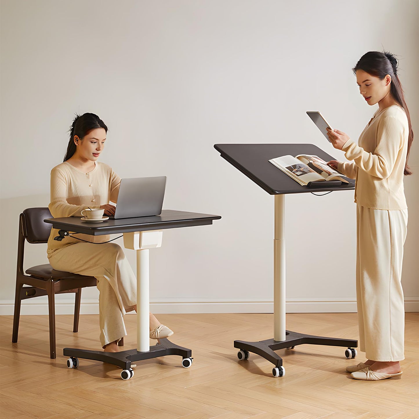 Cttasty Adjustable Computer Desk, Solid Wood Folding Desk with Wheels, Mobile Home Office Laptop Table, Sit Stand Workstation, Rolling Desk, 28.35-42.52 H x 31.5 W x 19.69 D Inches, Black