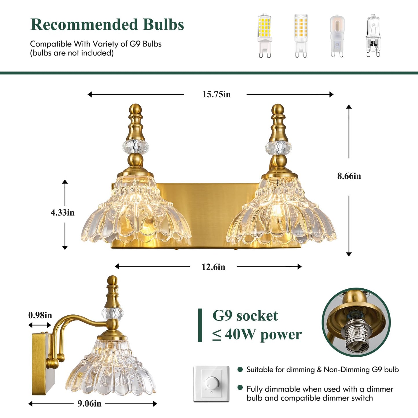 Lbsqj Vintage Bathroom Vanity Light  2-Light Gold Vanity Lighting Fixture With Flower Glass Shade  Bathroom Lighting Fixtures Over Mirror