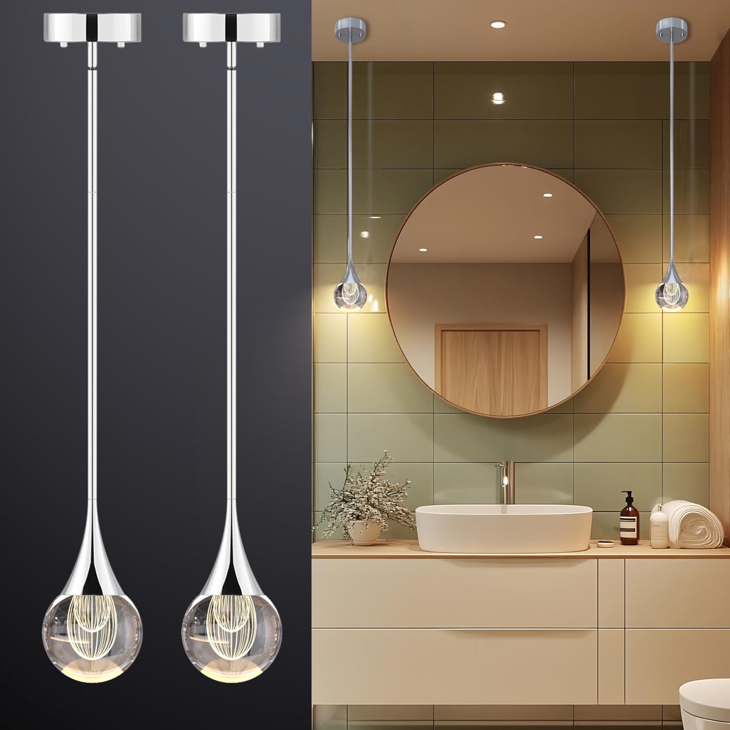2-Pendant Lights Kitchen Island  Silver Crystal Globe Ceiling Hanging Light Fxitures  Led Light Fixtures Metal Rod Ceiling Glass Pendant Lighting For Kitchen Island Dining Room Bar