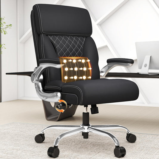 Big and Tall Ergonomic Leather Office Chair with Adjustable Lumbar Support, Flip-Up Armrests Desk Computer Chair, Swivel PC Chair with Rocking Function